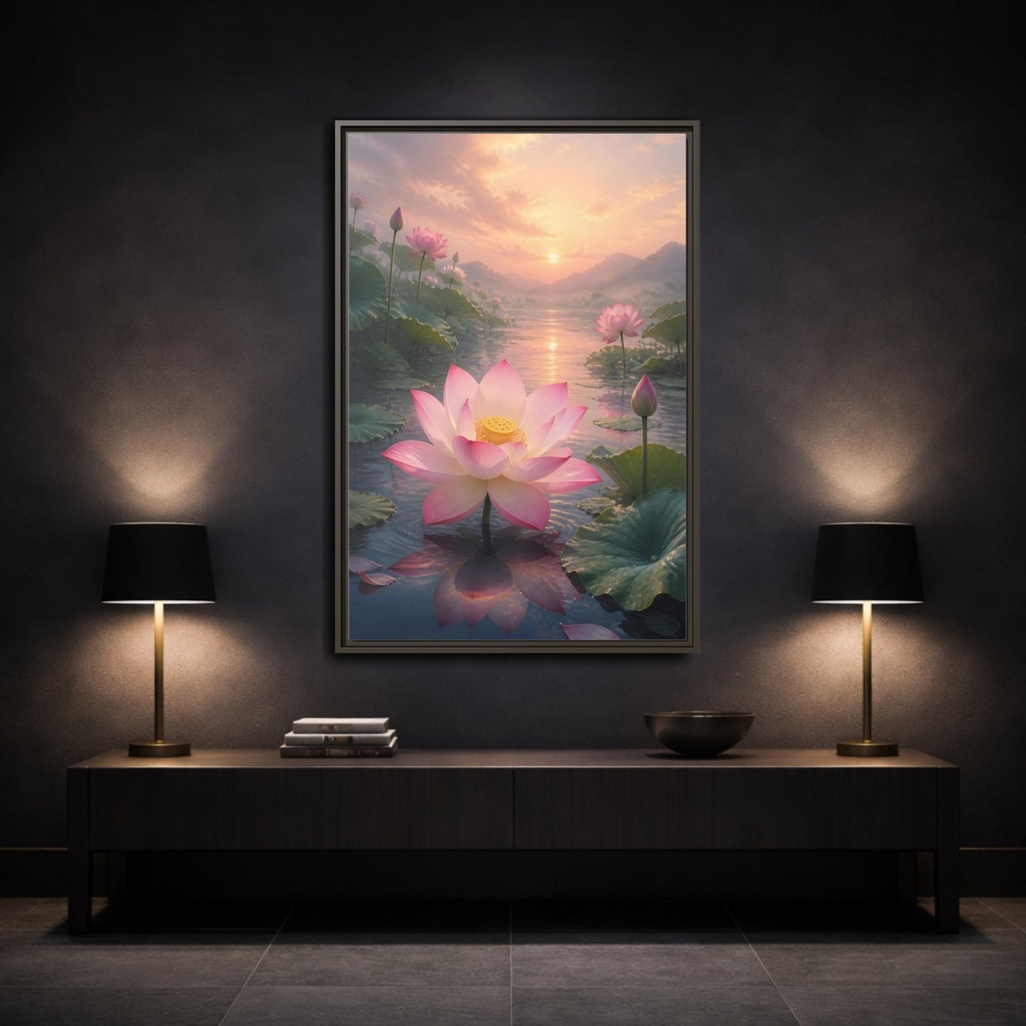 Mockup 3. Nature Lotus Flower Pink Lotus Sunset shown as stretched canvas wall art