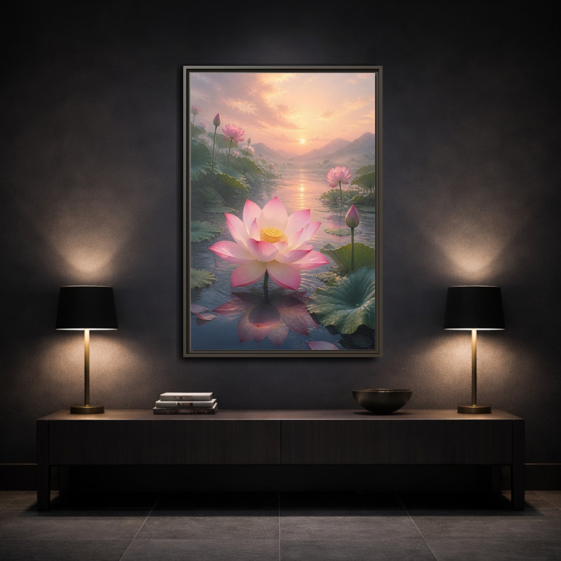 Mockup 3. Nature Lotus Flower Pink Lotus Sunset shown as stretched canvas wall art