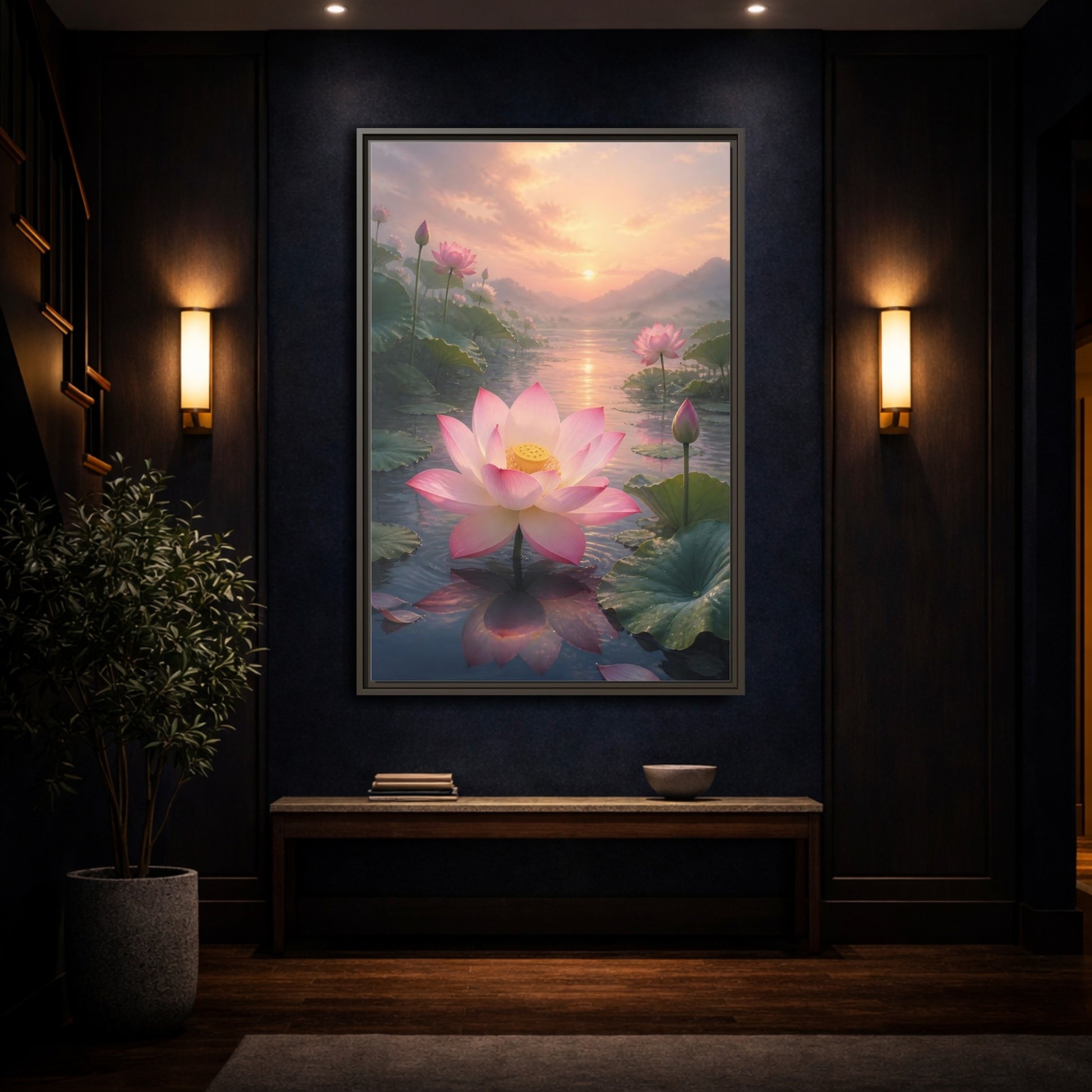 Mockup 4. Nature Lotus Flower Pink Lotus Sunset shown as stretched canvas wall art