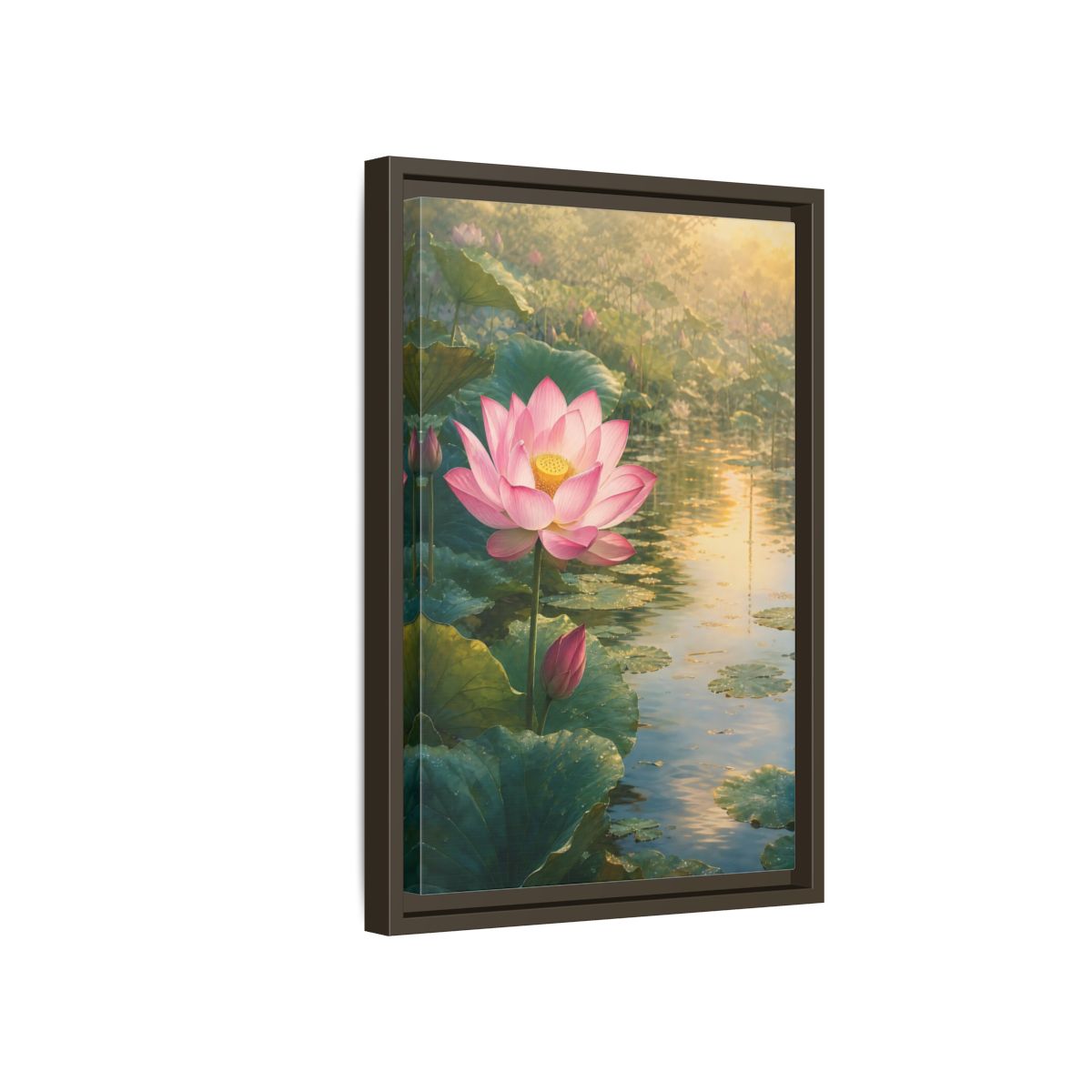 Side Mockup 5. Nature Lotus Flower Pink Lotus Pond shown as stretched canvas wall art