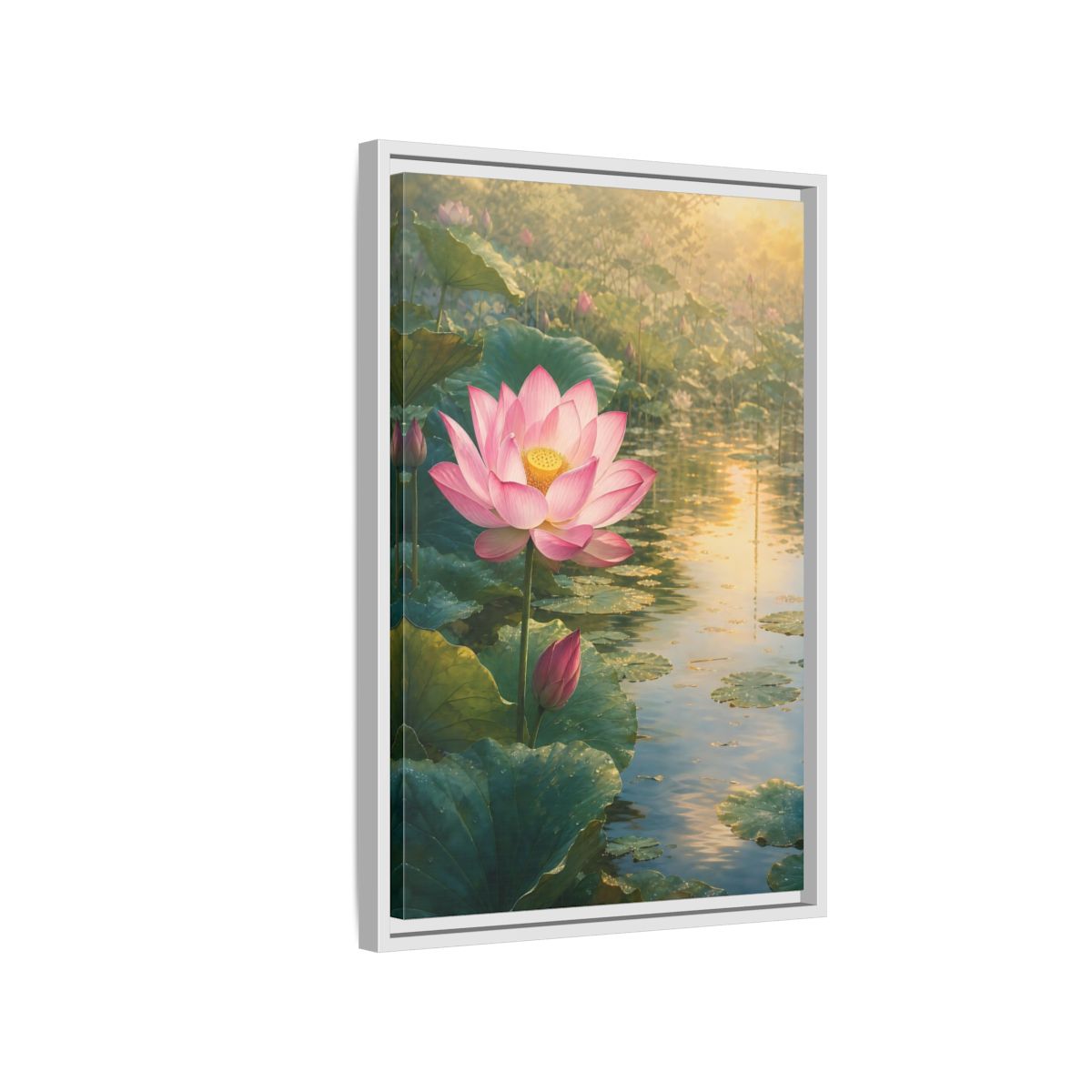 Side Mockup 1. Nature Lotus Flower Pink Lotus Pond shown as stretched canvas wall art
