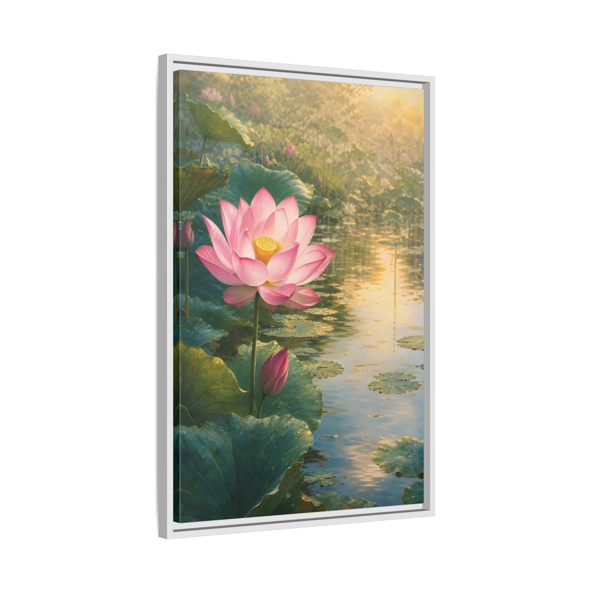 Side Mockup 10. Nature Lotus Flower Pink Lotus Pond shown as stretched canvas wall art
