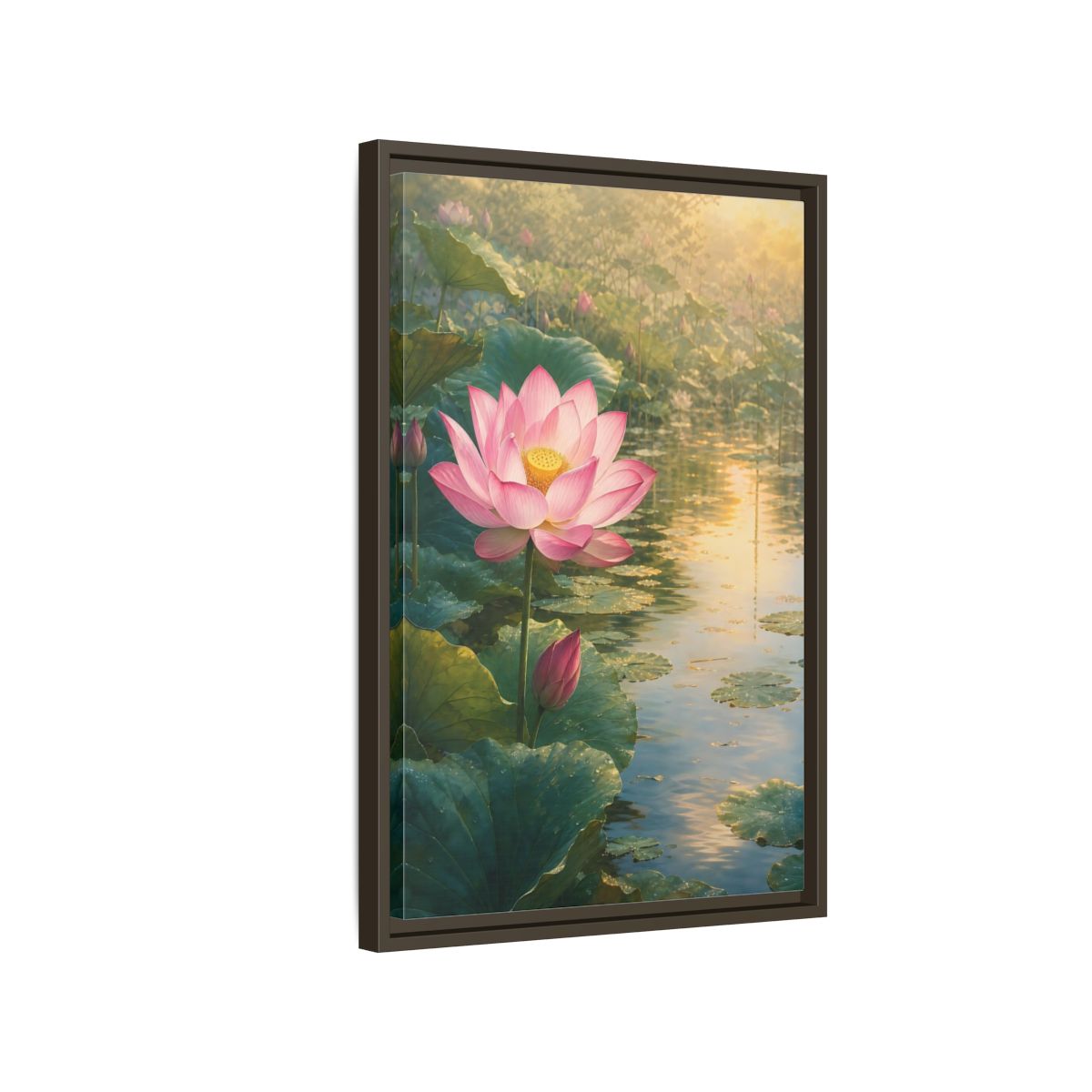 Side Mockup 2. Nature Lotus Flower Pink Lotus Pond shown as stretched canvas wall art