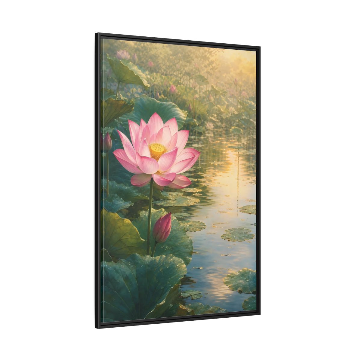 Side Mockup 12. Nature Lotus Flower Pink Lotus Pond shown as stretched canvas wall art