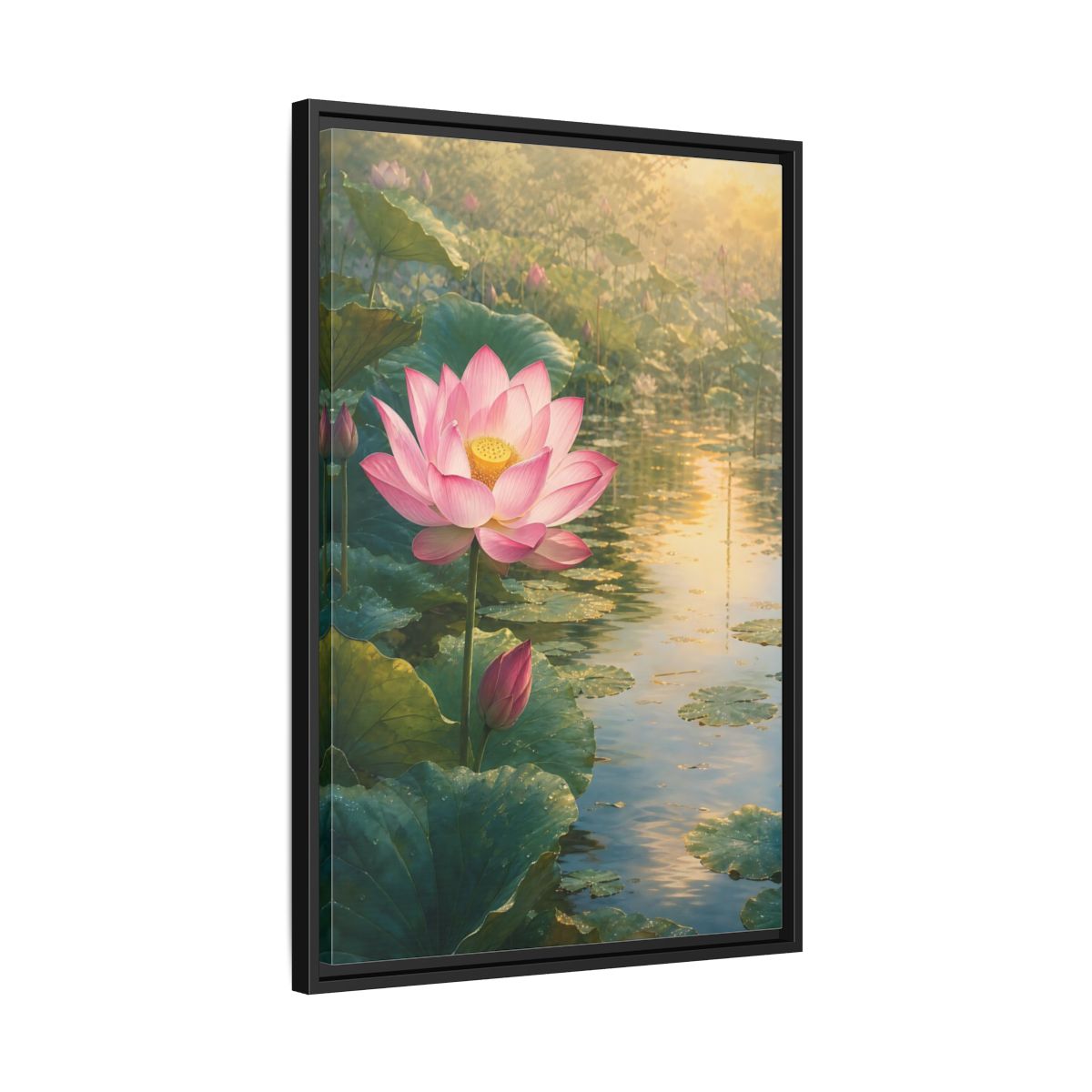 Side Mockup 14. Nature Lotus Flower Pink Lotus Pond shown as stretched canvas wall art
