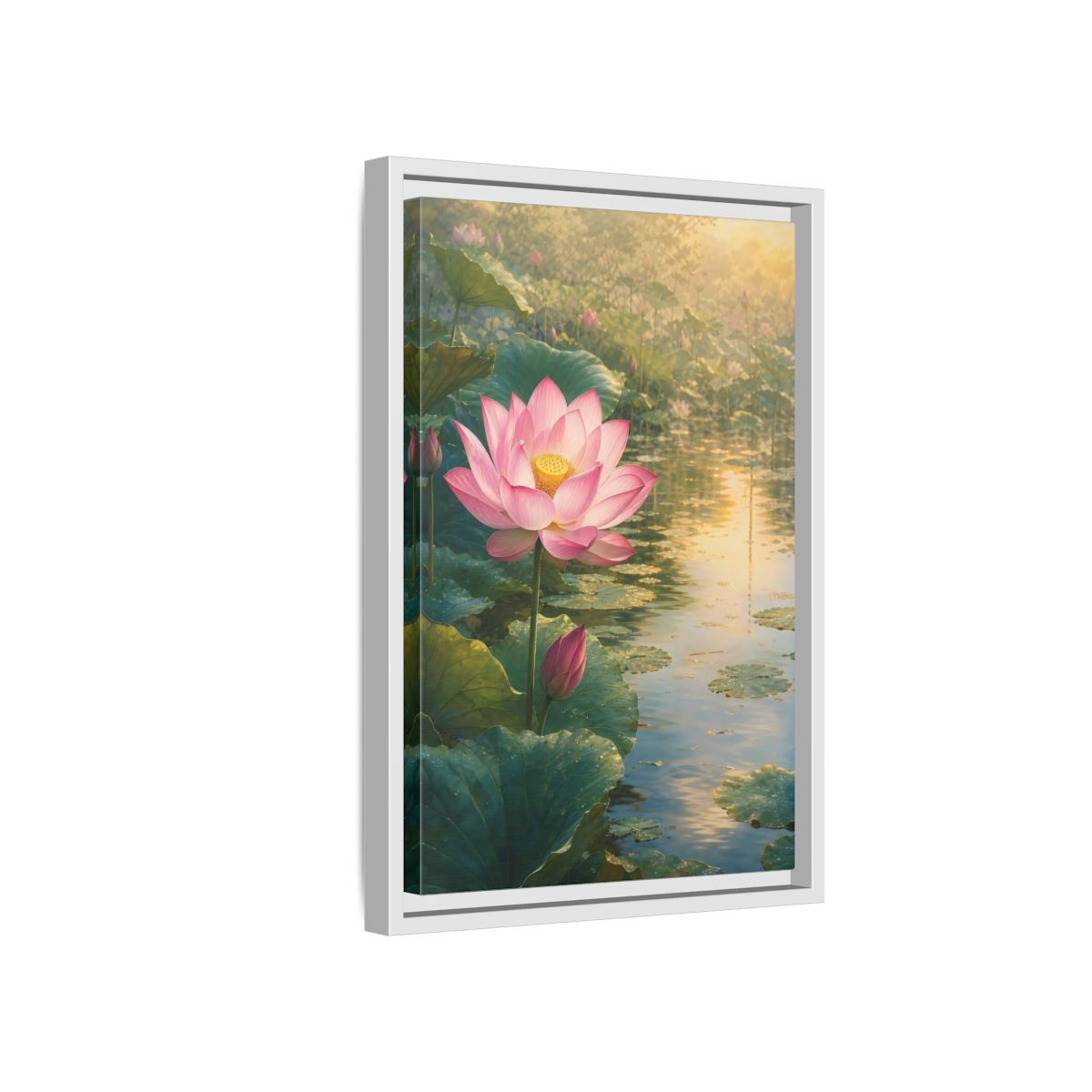 Side Mockup 4. Nature Lotus Flower Pink Lotus Pond shown as stretched canvas wall art