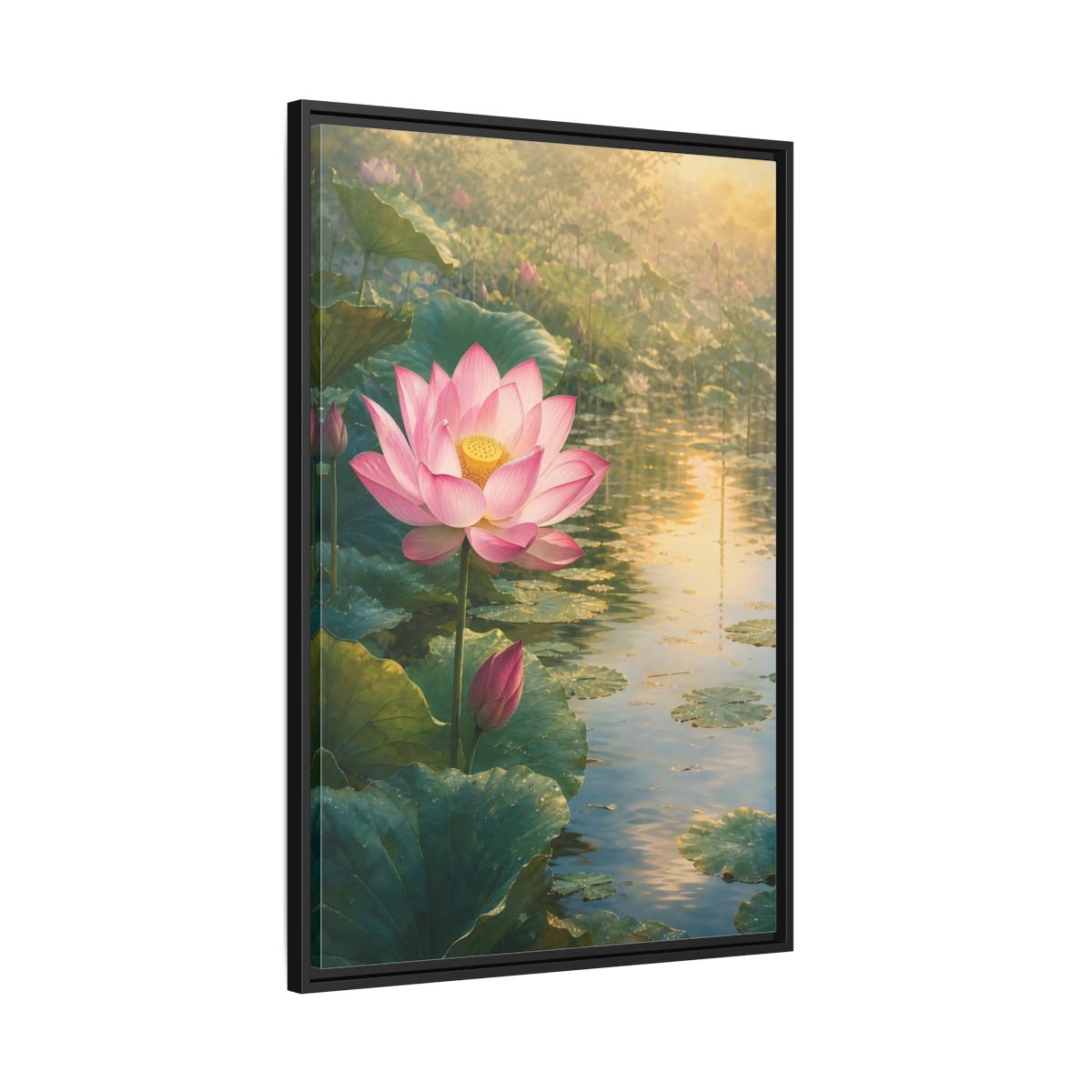 Side Mockup 13. Nature Lotus Flower Pink Lotus Pond shown as stretched canvas wall art