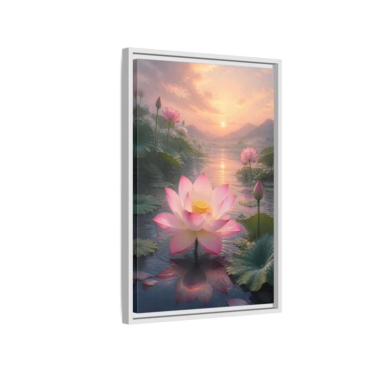 Side Mockup 1. Nature Lotus Flower Pink Lotus Sunset shown as stretched canvas wall art