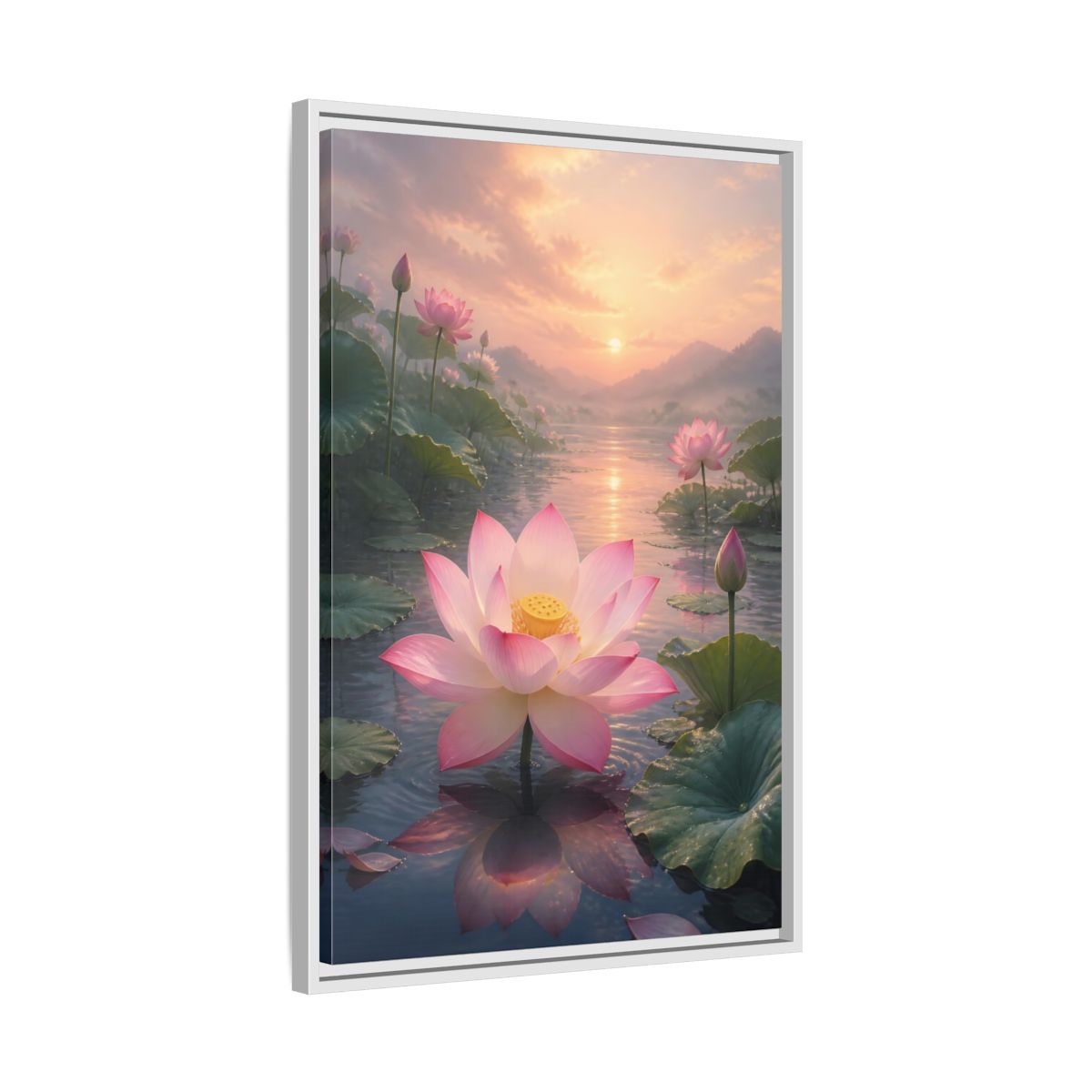Side Mockup 10. Nature Lotus Flower Pink Lotus Sunset shown as stretched canvas wall art