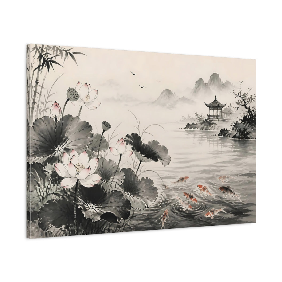 Main Mockup. Nature Lotus Flowers Monochrome Asian Landscape shown as stretched canvas wall art