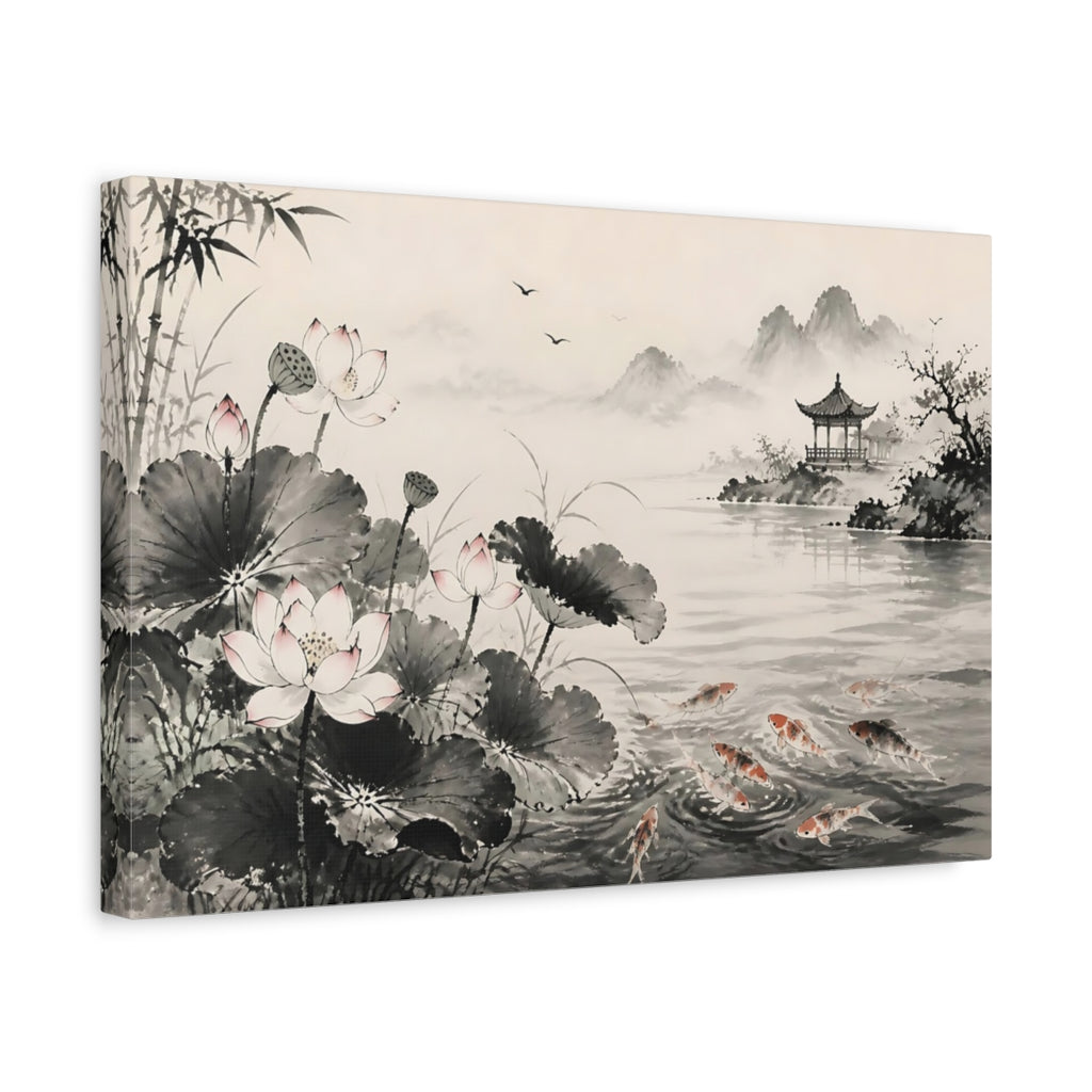 Side Mockup 4. Nature Lotus Flowers Monochrome Asian Landscape shown as stretched canvas wall art