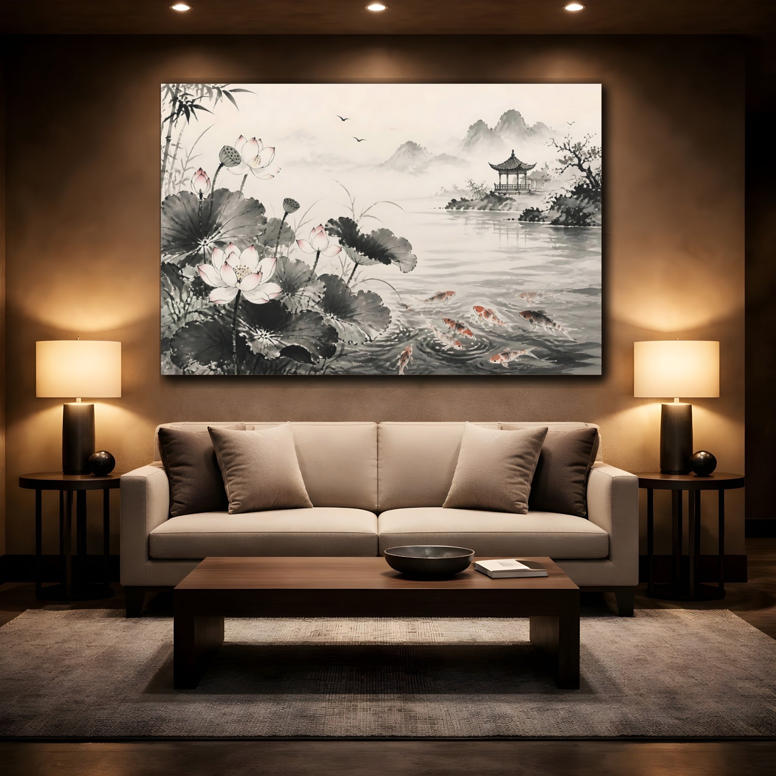 Mockup 2. Nature Lotus Flowers Monochrome Asian Landscape shown as stretched canvas wall art