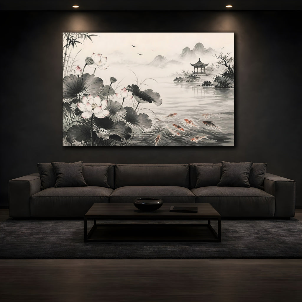 Mockup 3. Nature Lotus Flowers Monochrome Asian Landscape shown as stretched canvas wall art
