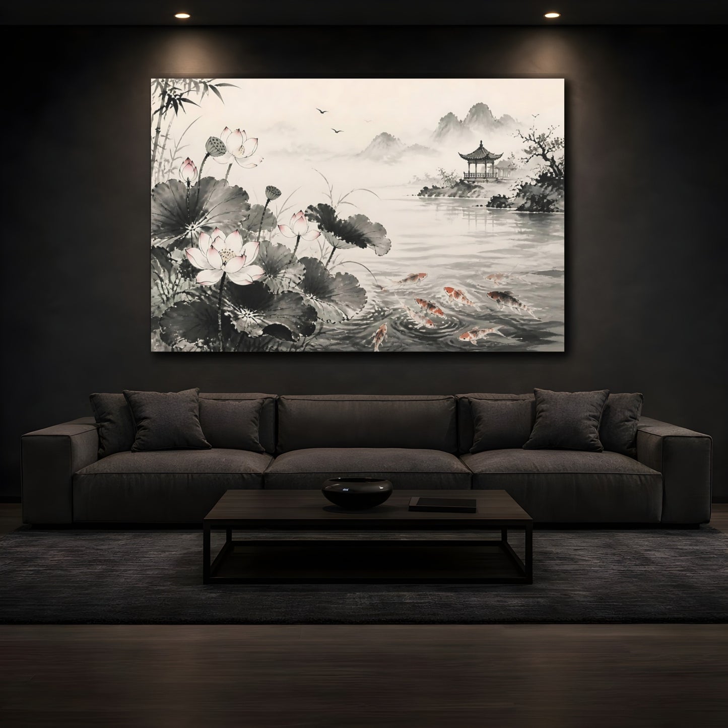 Mockup 3. Nature Lotus Flowers Monochrome Asian Landscape shown as stretched canvas wall art