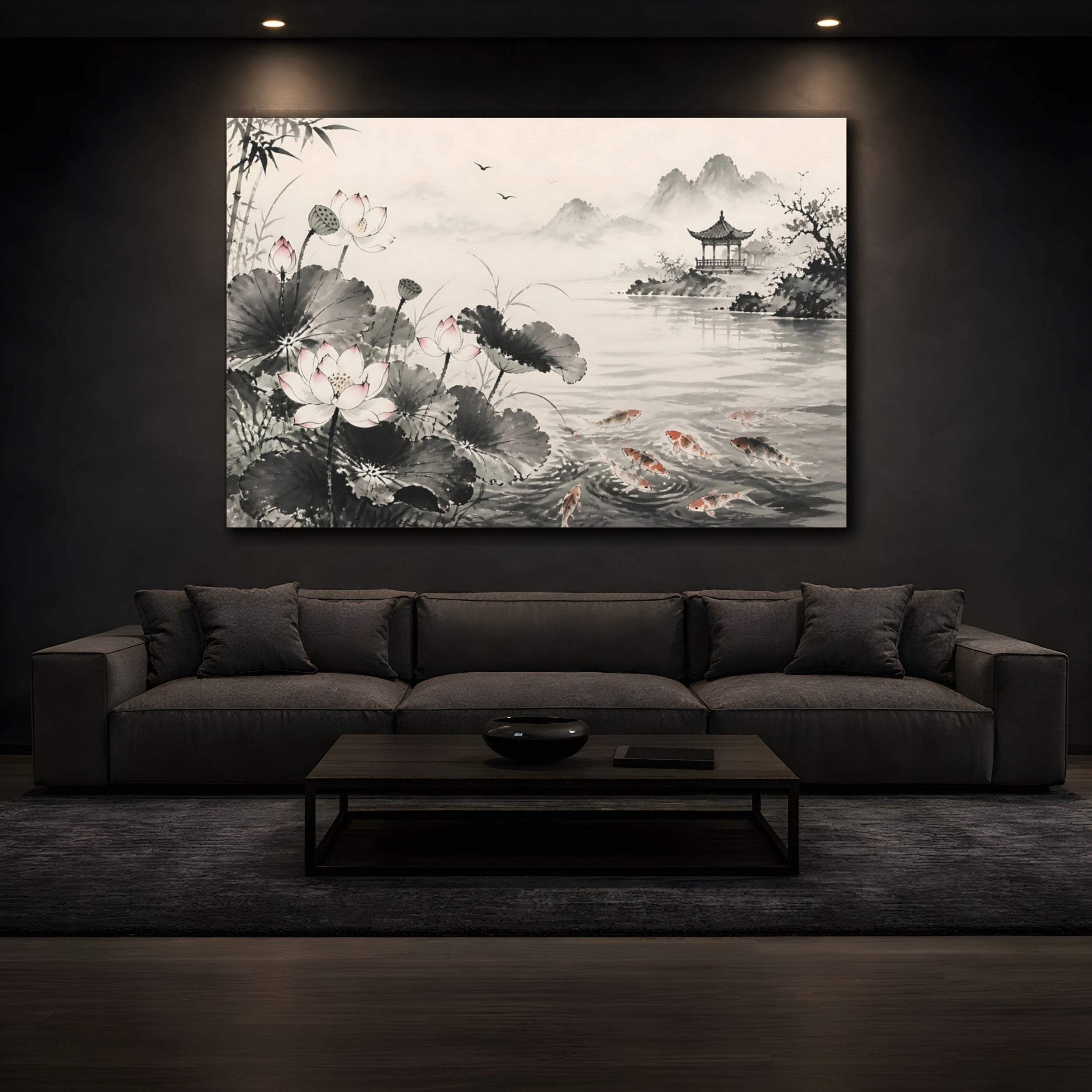 Mockup 3. Nature Lotus Flowers Monochrome Asian Landscape shown as stretched canvas wall art