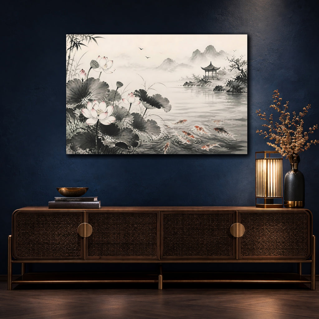 Mockup 4. Nature Lotus Flowers Monochrome Asian Landscape shown as stretched canvas wall art
