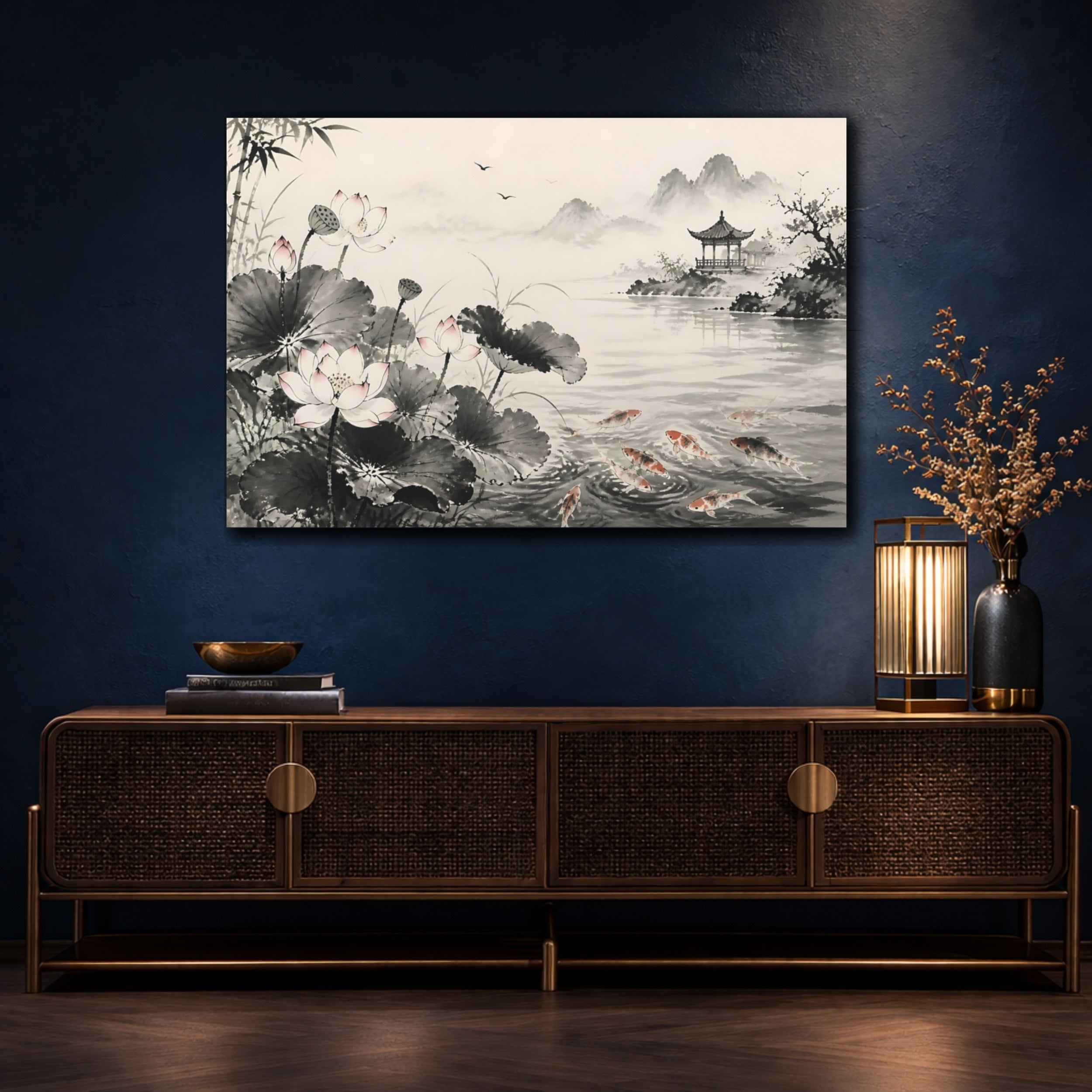 Mockup 4. Nature Lotus Flowers Monochrome Asian Landscape shown as stretched canvas wall art
