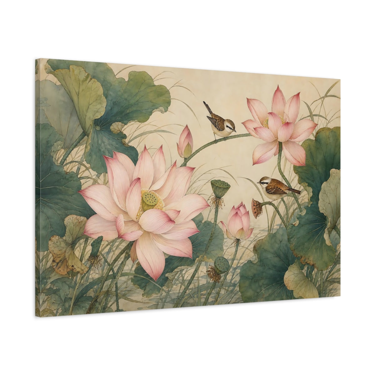 Main Mockup. Nature Lotus Flowers Pink And Green shown as stretched canvas wall art