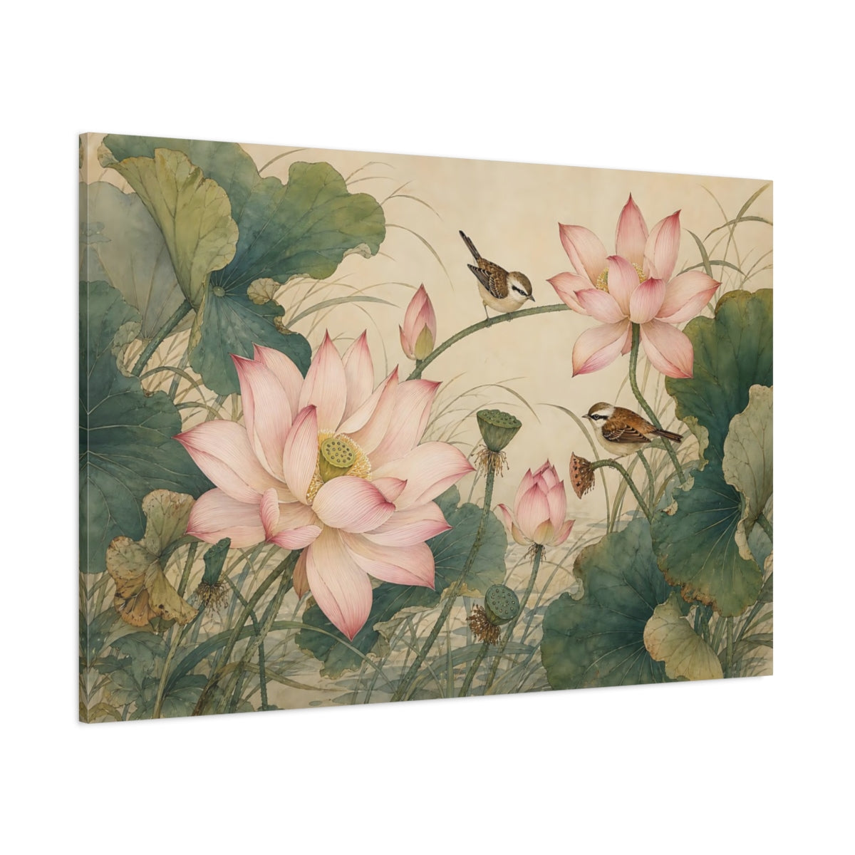 Side Mockup 1. Nature Lotus Flowers Pink And Green shown as stretched canvas wall art