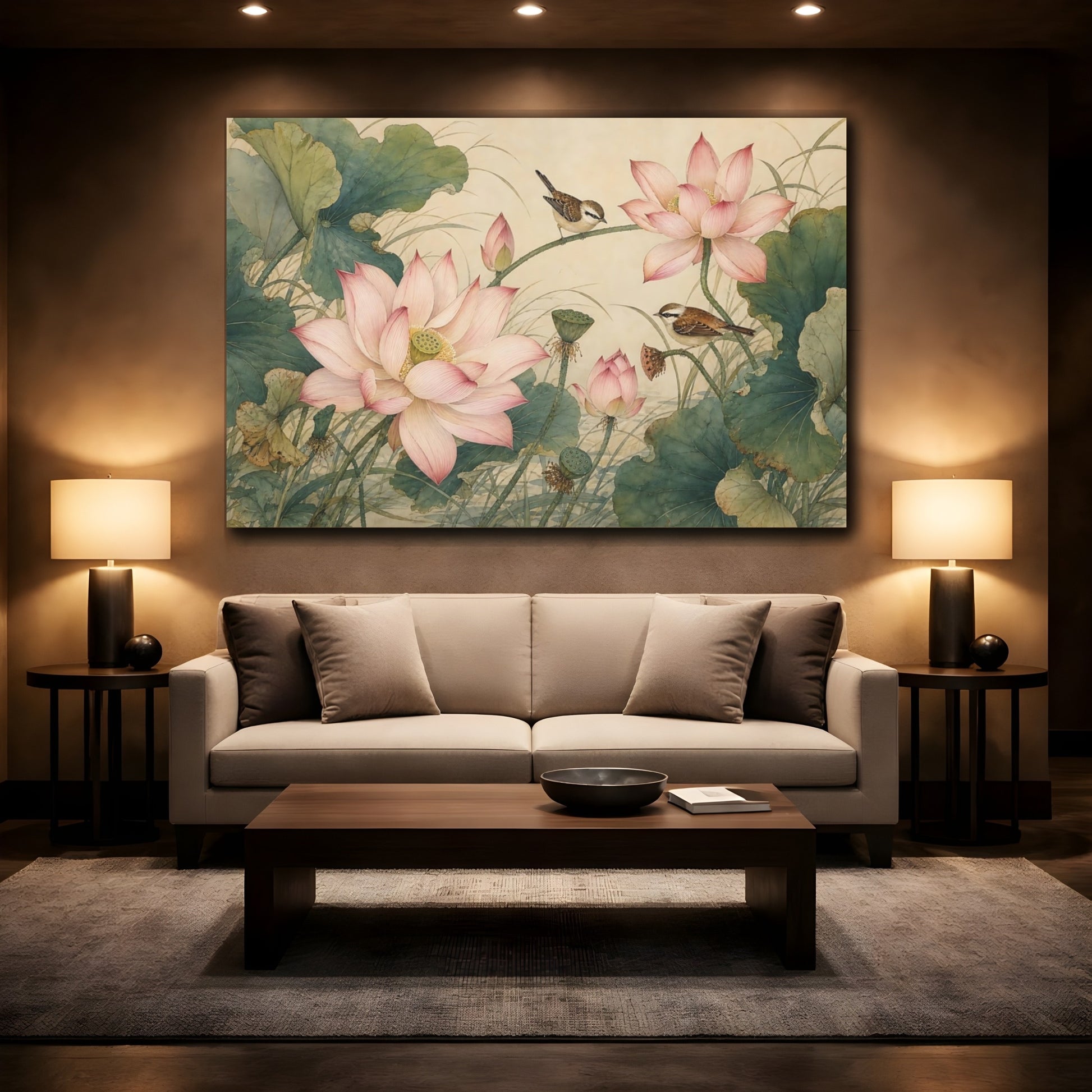 Mockup 2. Nature Lotus Flowers Pink And Green shown as stretched canvas wall art