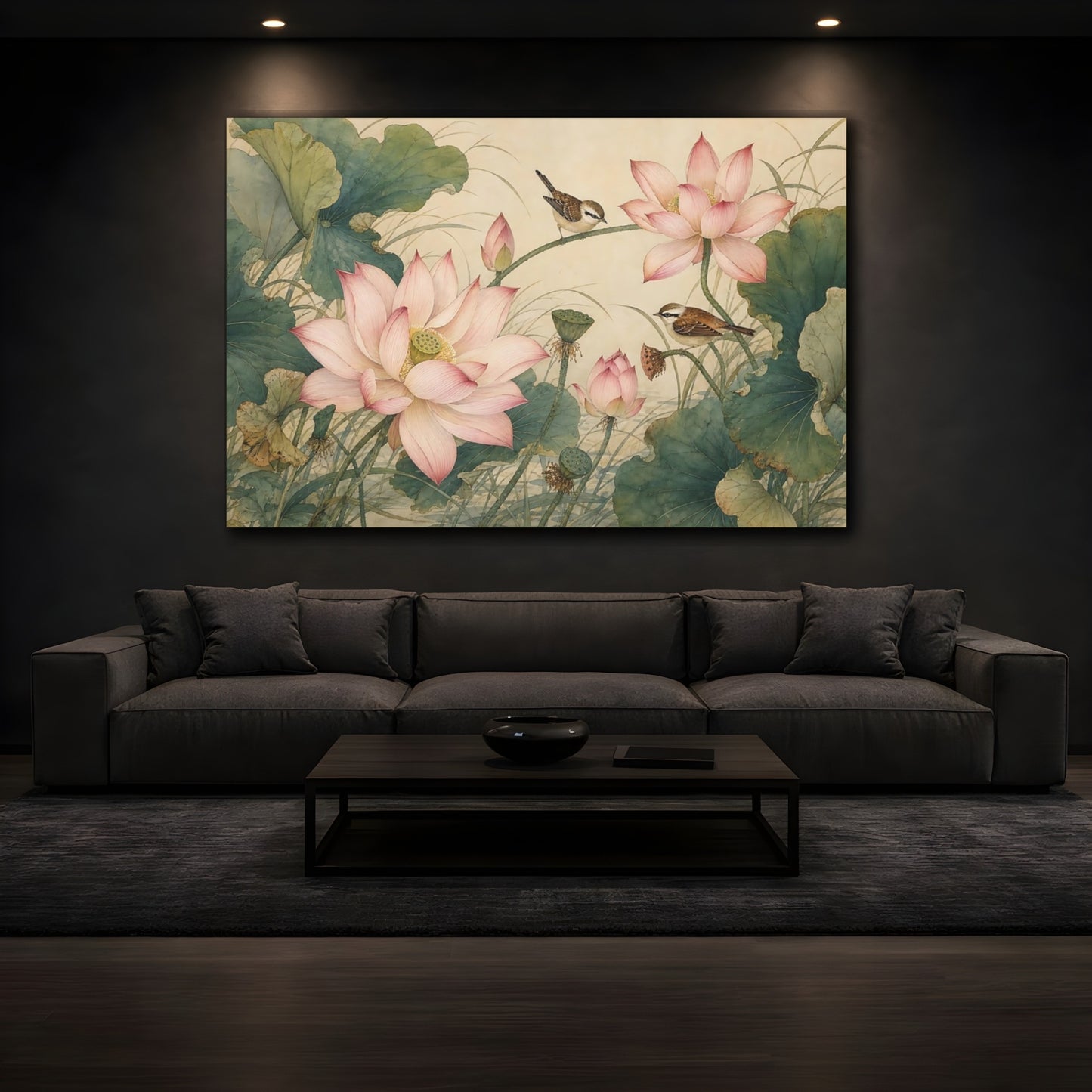 Mockup 3. Nature Lotus Flowers Pink And Green shown as stretched canvas wall art