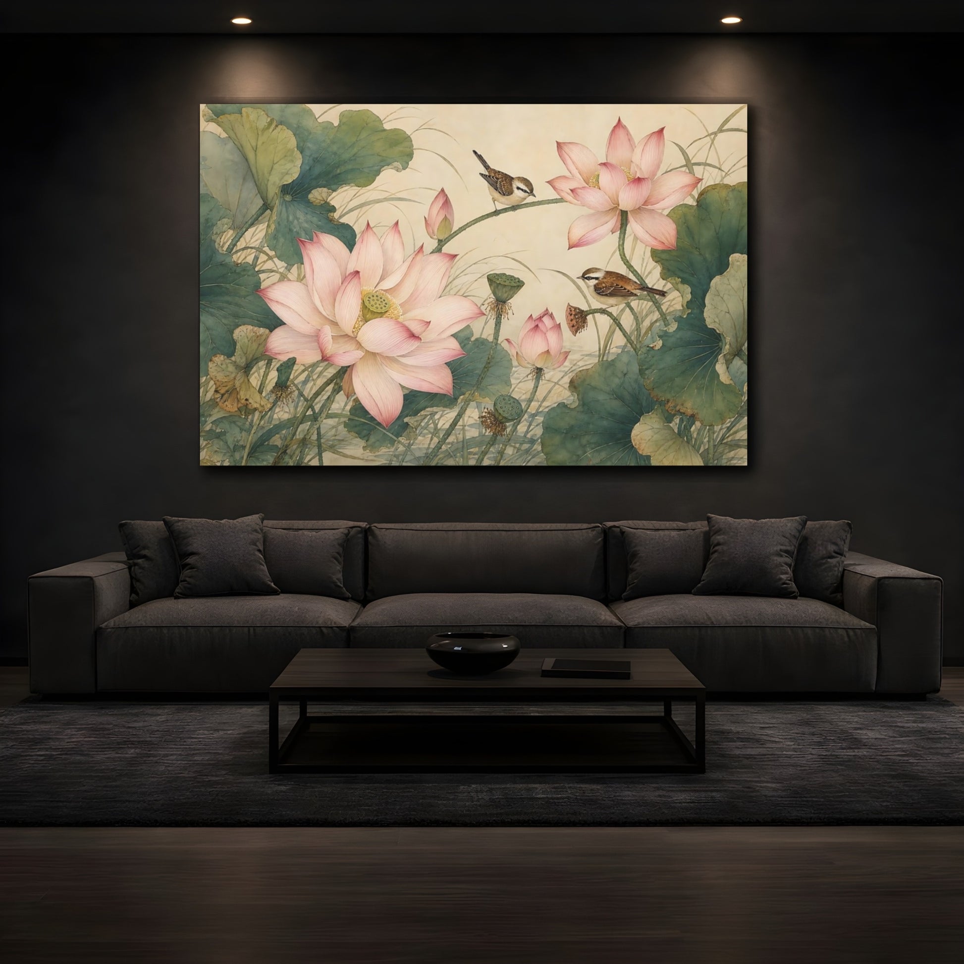 Mockup 3. Nature Lotus Flowers Pink And Green shown as stretched canvas wall art