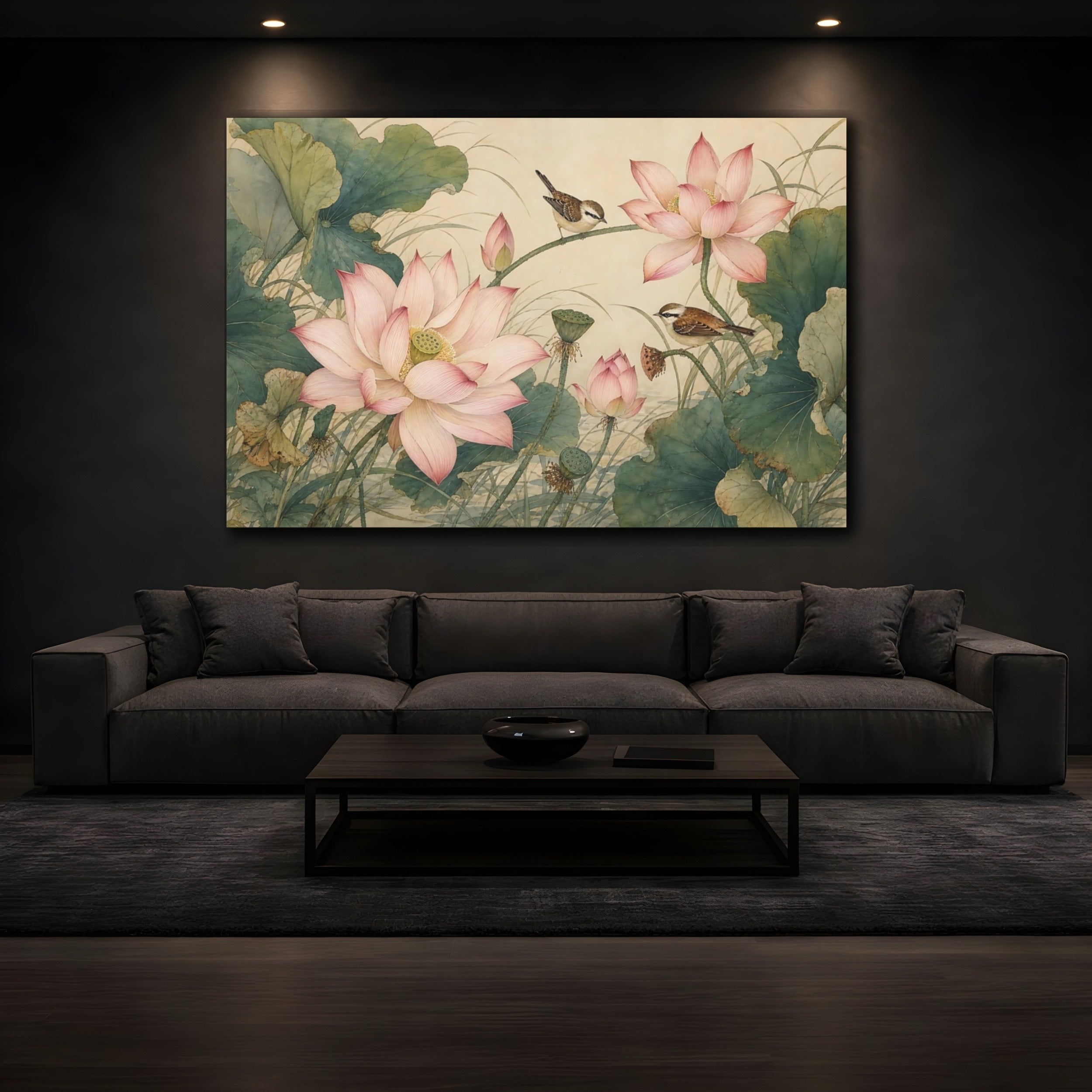 Mockup 3. Nature Lotus Flowers Pink And Green shown as stretched canvas wall art