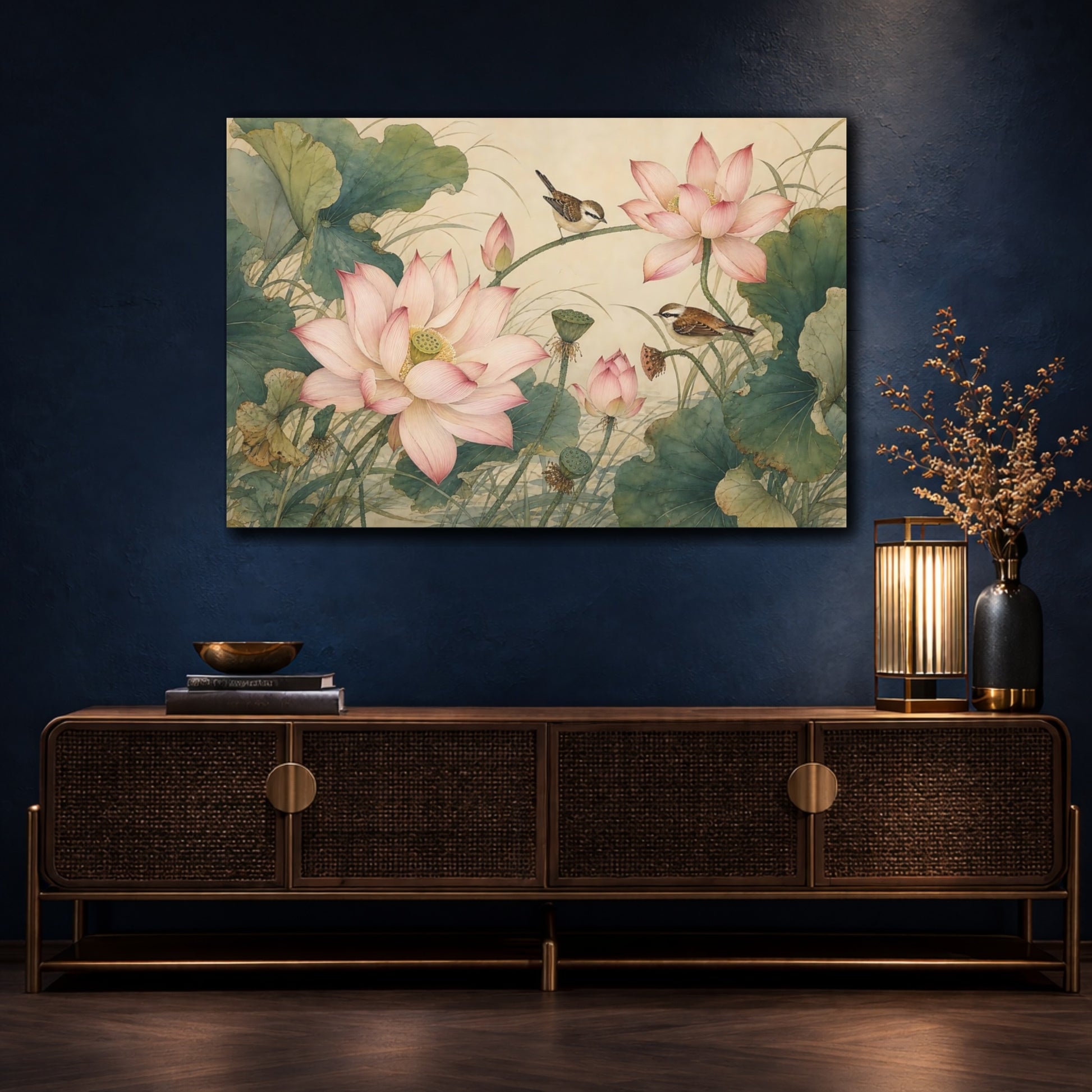 Mockup 4. Nature Lotus Flowers Pink And Green shown as stretched canvas wall art