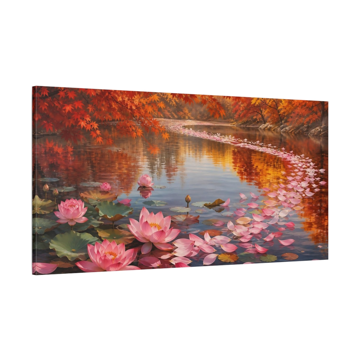 Side Mockup 2. Nature Lotus Flowers Pink Lotus Autumn shown as stretched canvas wall art