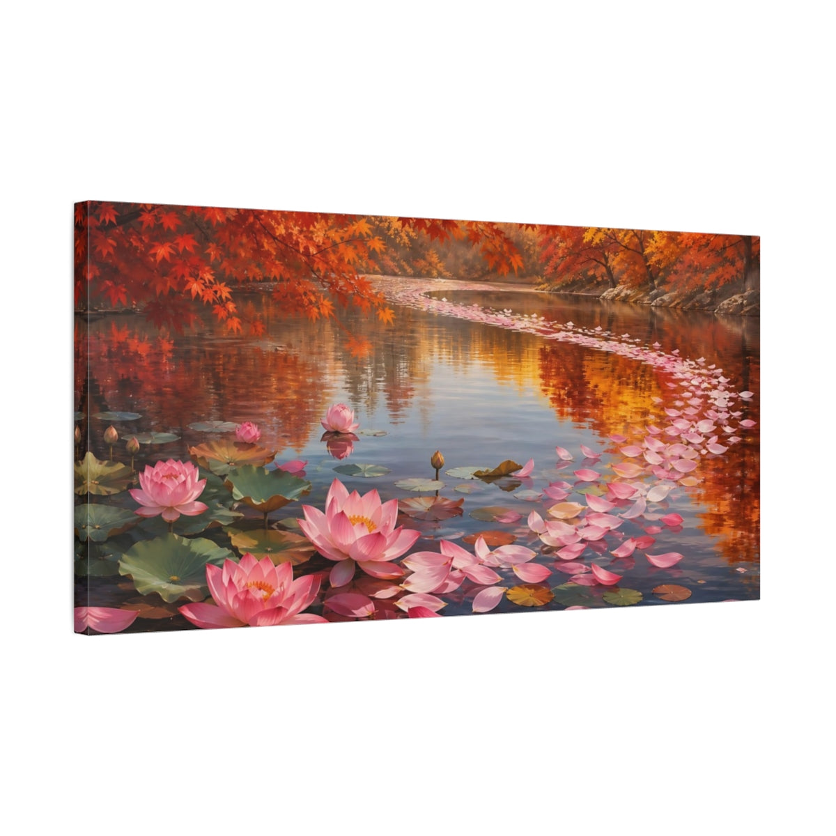Side Mockup 1. Nature Lotus Flowers Pink Lotus Autumn shown as stretched canvas wall art