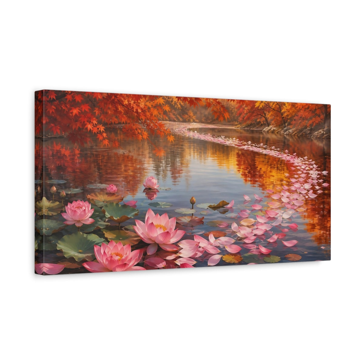Side Mockup 3. Nature Lotus Flowers Pink Lotus Autumn shown as stretched canvas wall art
