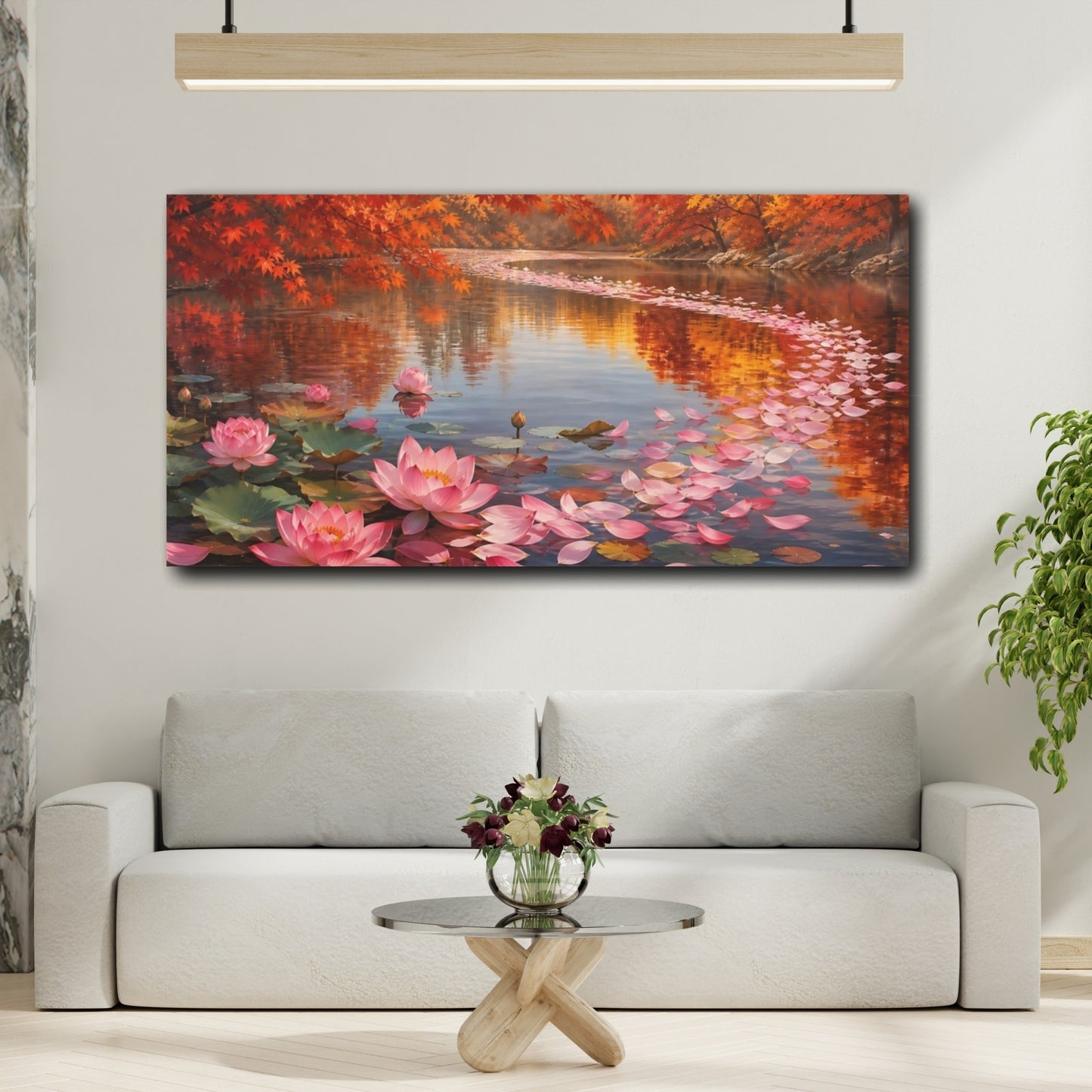 Mockup 2. Nature Lotus Flowers Pink Lotus Autumn shown as stretched canvas wall art