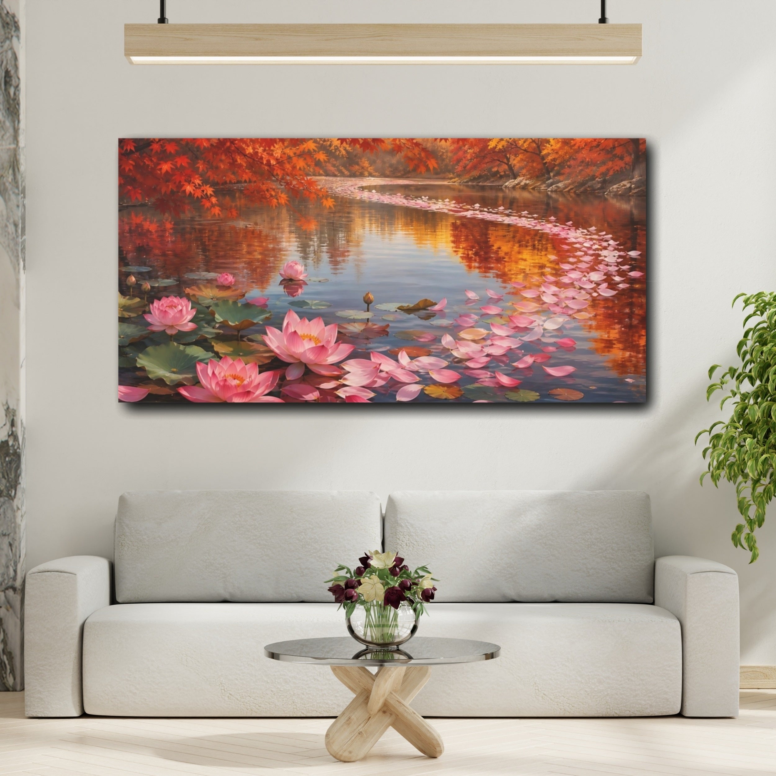 Mockup 2. Nature Lotus Flowers Pink Lotus Autumn shown as stretched canvas wall art