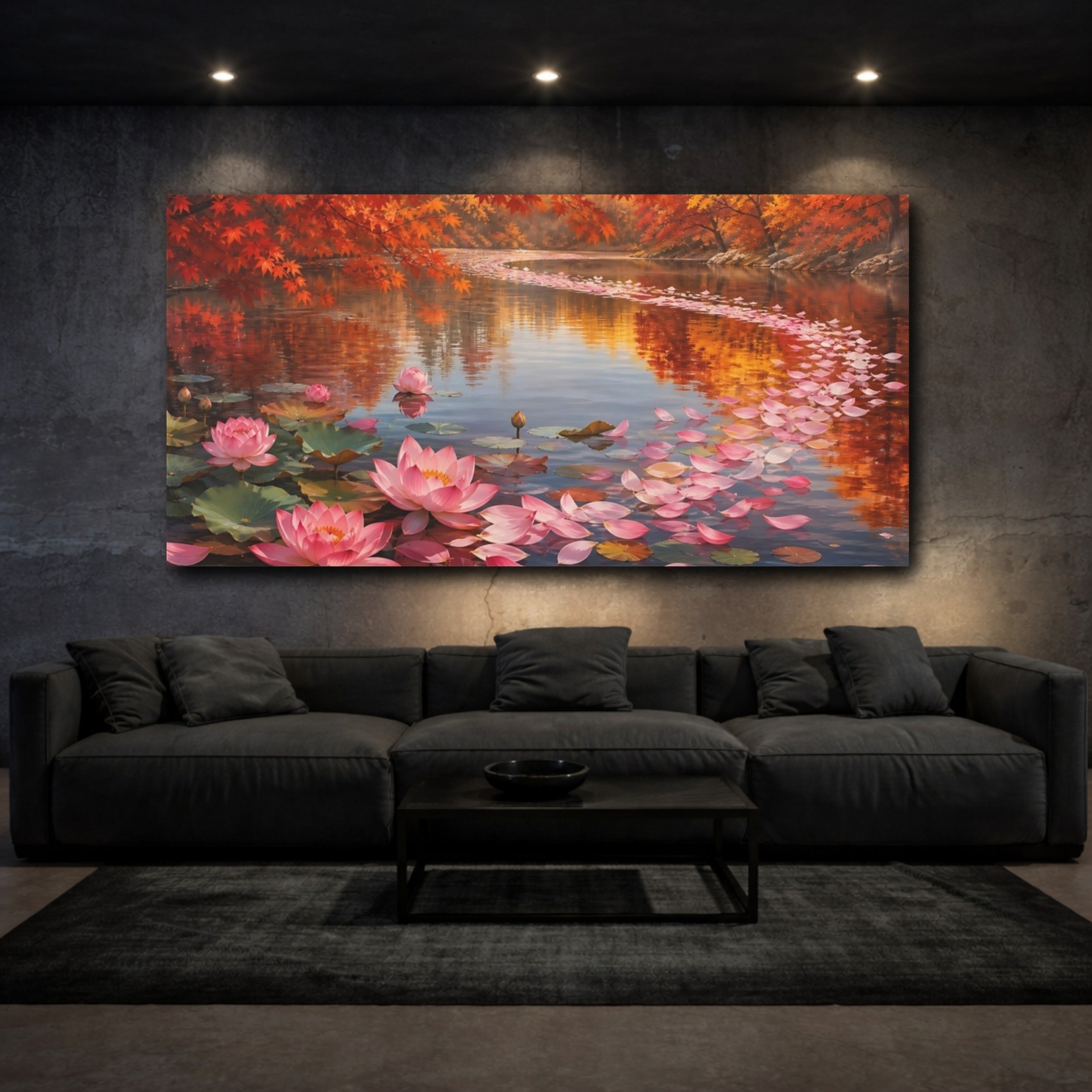 Mockup 3. Nature Lotus Flowers Pink Lotus Autumn shown as stretched canvas wall art