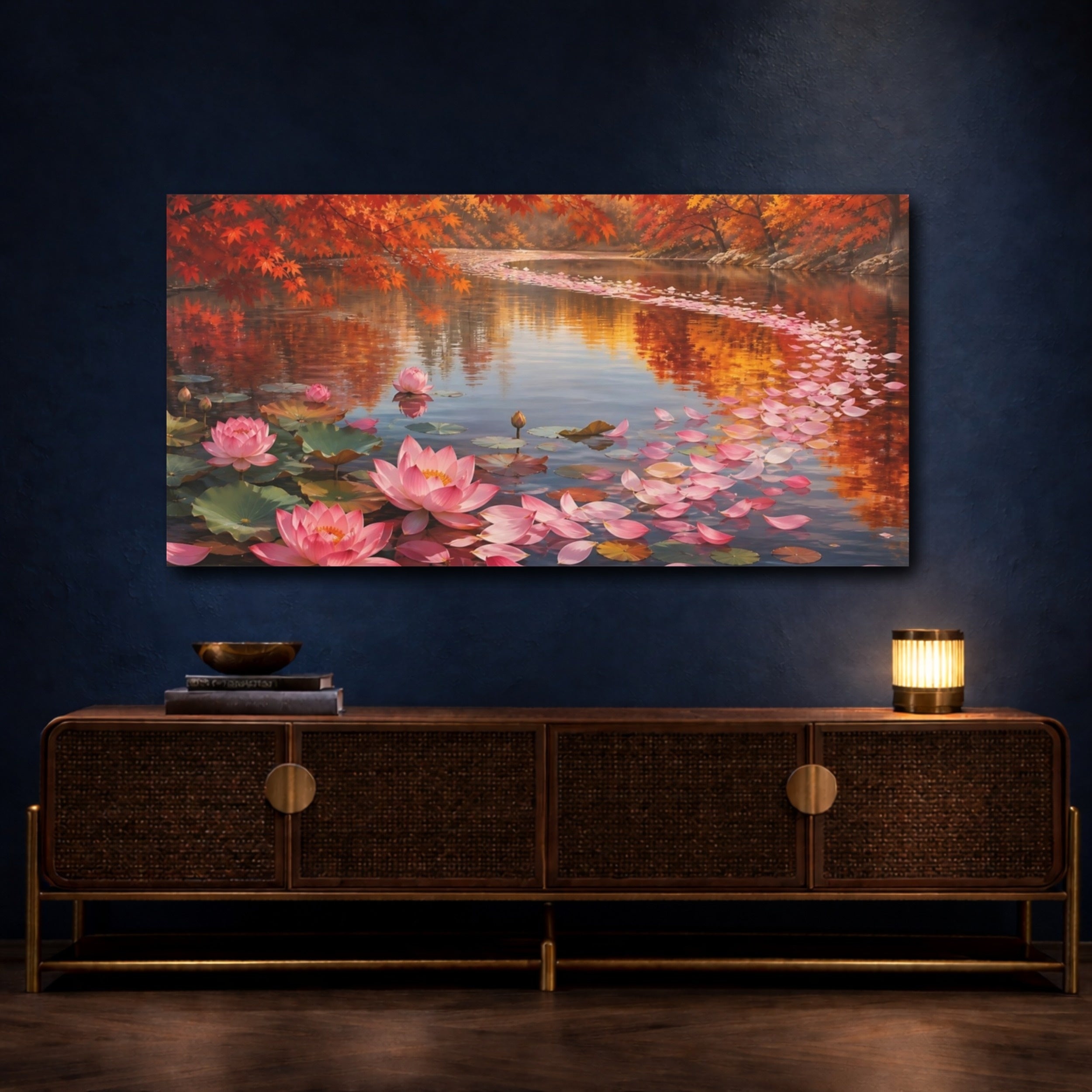 Mockup 4. Nature Lotus Flowers Pink Lotus Autumn shown as stretched canvas wall art
