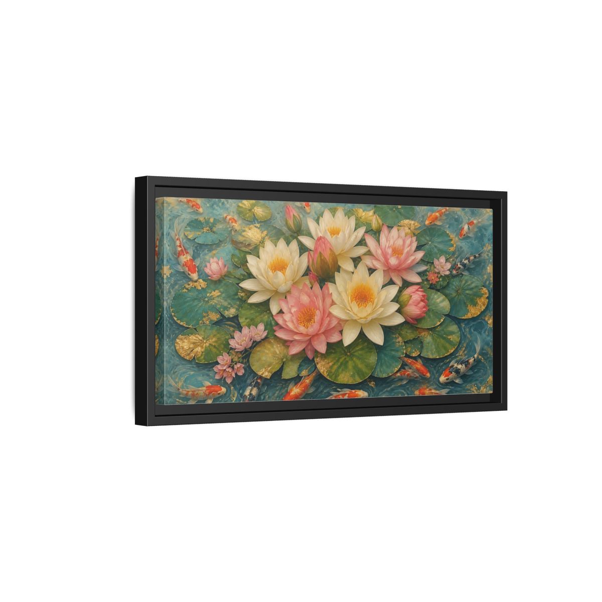 Side Mockup 8. Nature Lotus Flowers Teal And Gold Lotus shown as stretched canvas wall art