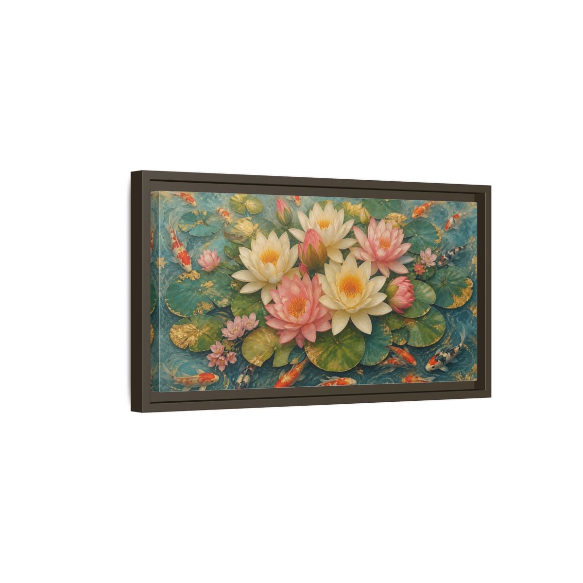 Side Mockup 7. Nature Lotus Flowers Teal And Gold Lotus shown as stretched canvas wall art