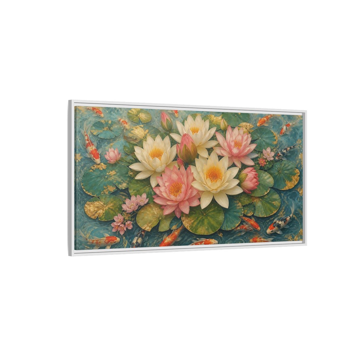 Side Mockup 3. Nature Lotus Flowers Teal And Gold Lotus shown as stretched canvas wall art