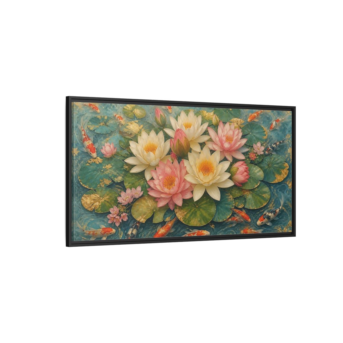 Side Mockup 5. Nature Lotus Flowers Teal And Gold Lotus shown as stretched canvas wall art