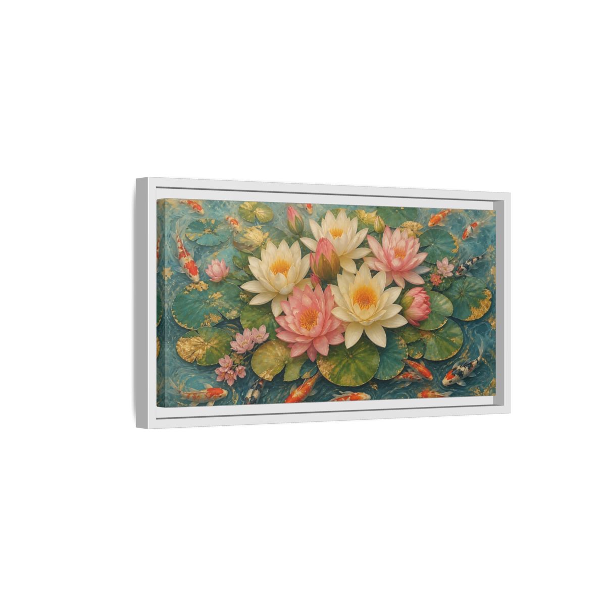 Side Mockup 6. Nature Lotus Flowers Teal And Gold Lotus shown as stretched canvas wall art