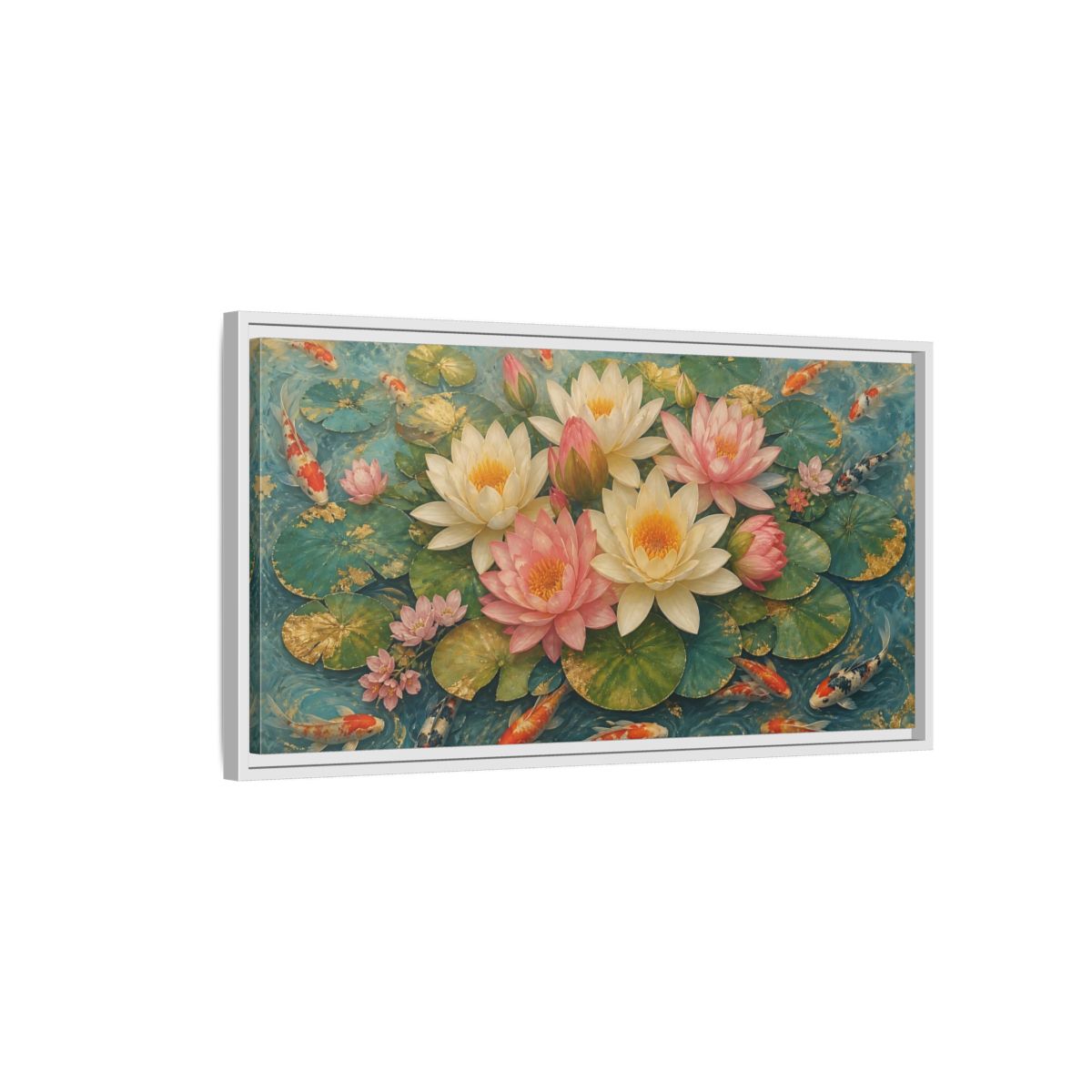 Side Mockup 1. Nature Lotus Flowers Teal And Gold Lotus shown as stretched canvas wall art