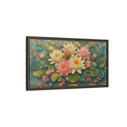 Main Mockup. Nature Lotus Flowers Teal And Gold Lotus shown as stretched canvas wall art