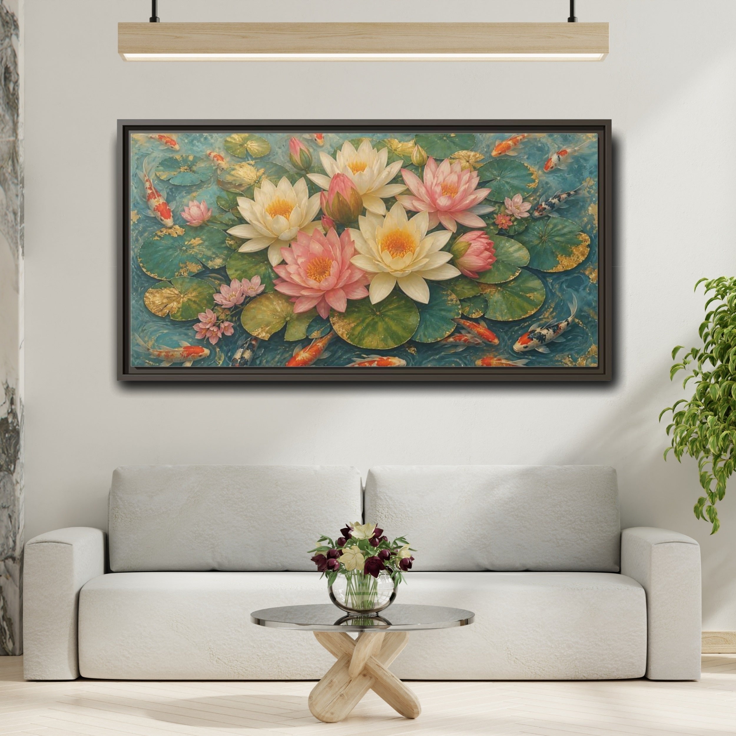 Mockup 2. Nature Lotus Flowers Teal And Gold Lotus shown as stretched canvas wall art