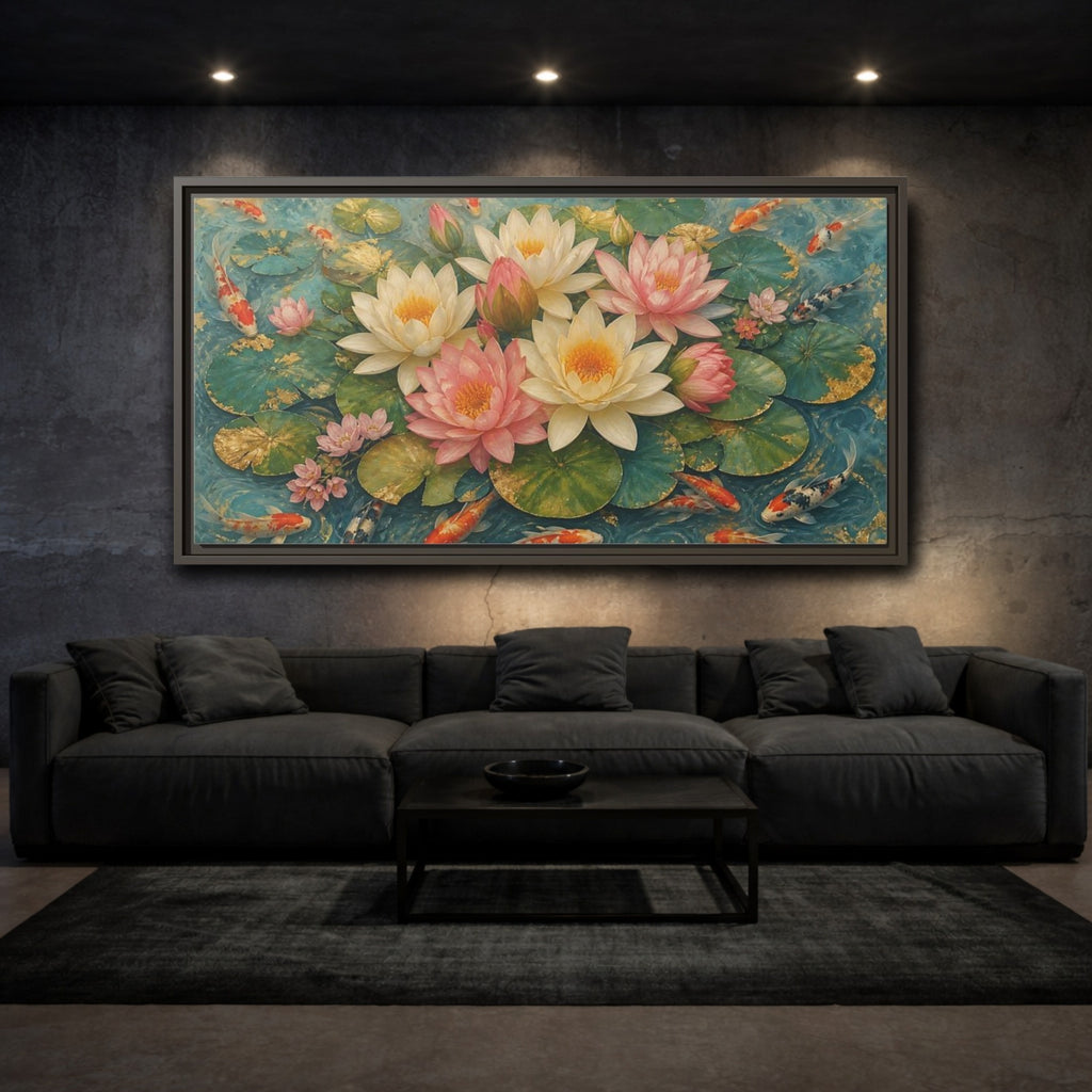 Mockup 3. Nature Lotus Flowers Teal And Gold Lotus shown as stretched canvas wall art