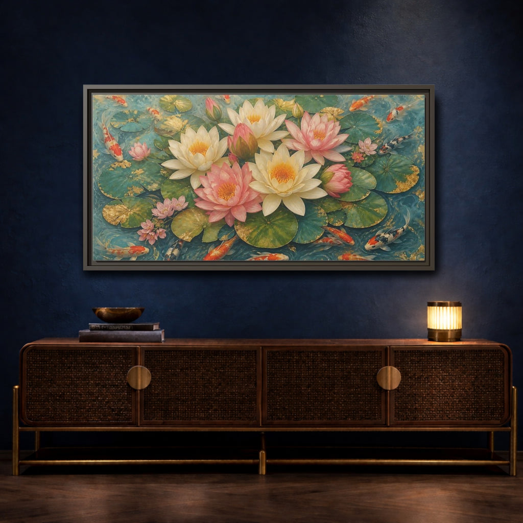 Mockup 4. Nature Lotus Flowers Teal And Gold Lotus shown as stretched canvas wall art