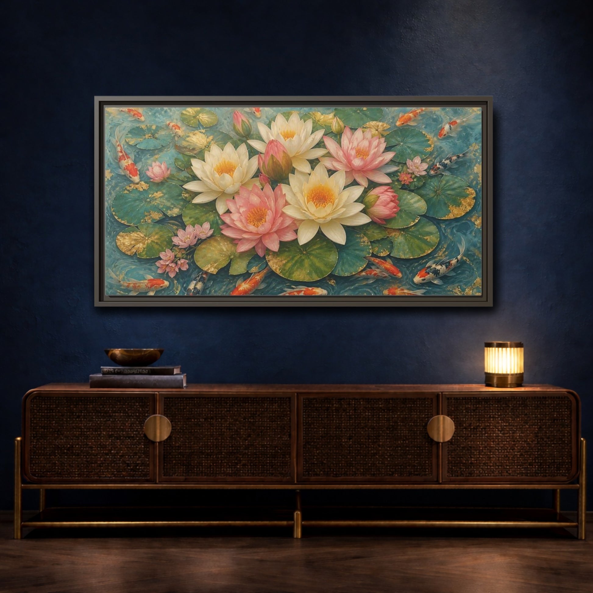 Mockup 4. Nature Lotus Flowers Teal And Gold Lotus shown as stretched canvas wall art