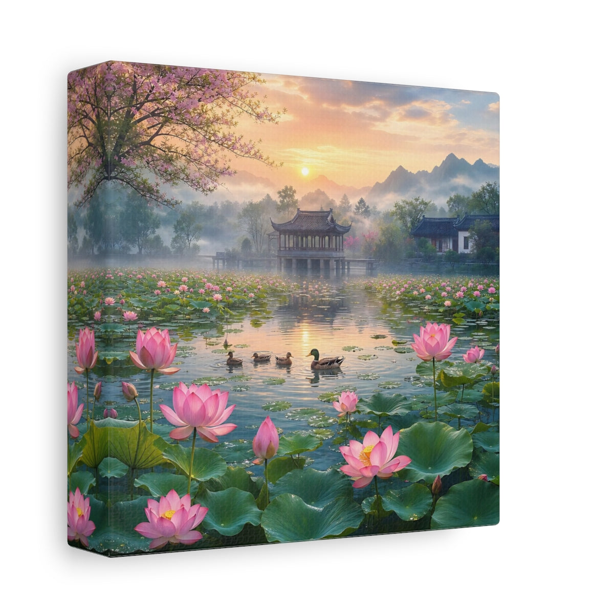 Side Mockup 2. Nature Lotus Pond Pink Lotus Pond shown as stretched canvas wall art