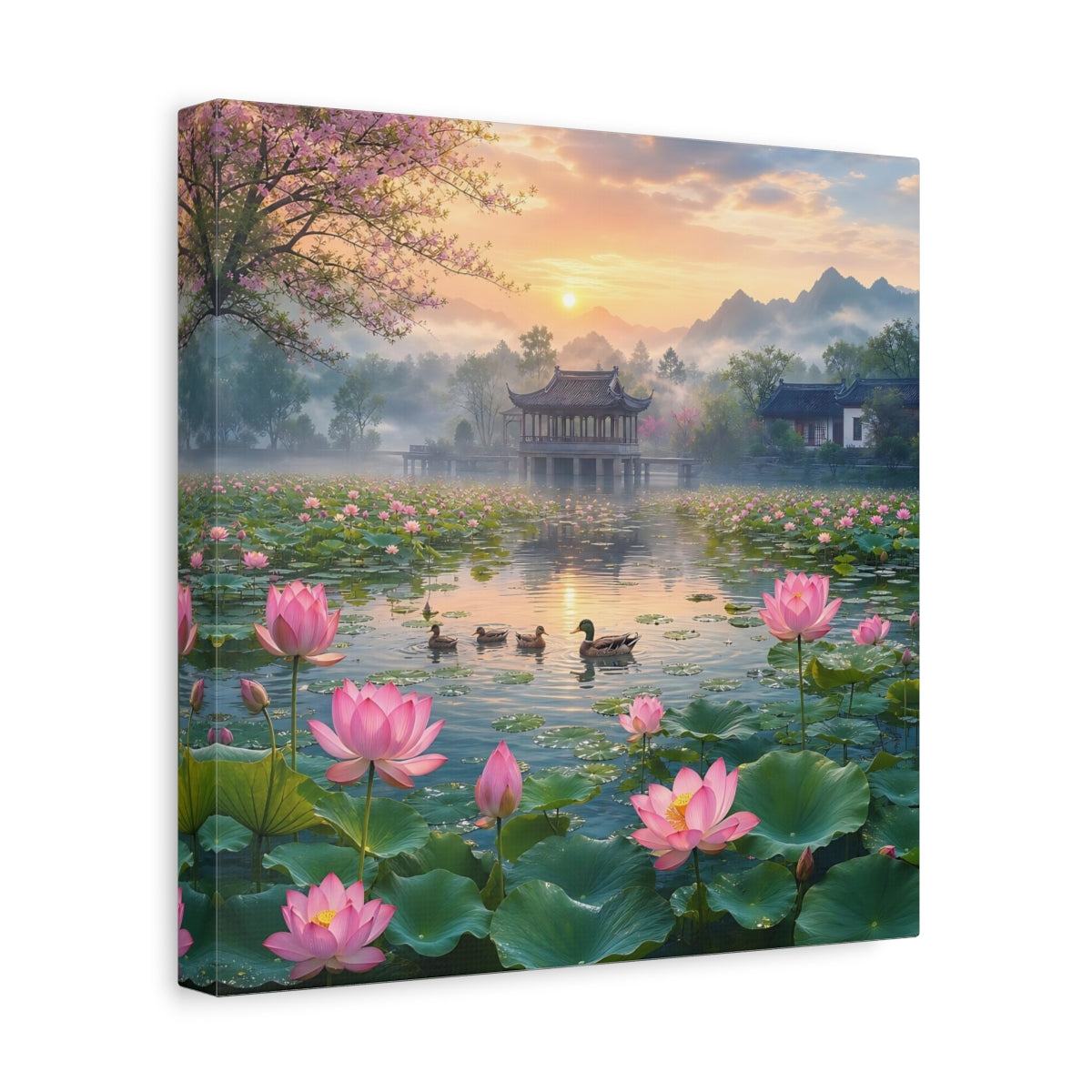 Side Mockup 8. Nature Lotus Pond Pink Lotus Pond shown as stretched canvas wall art
