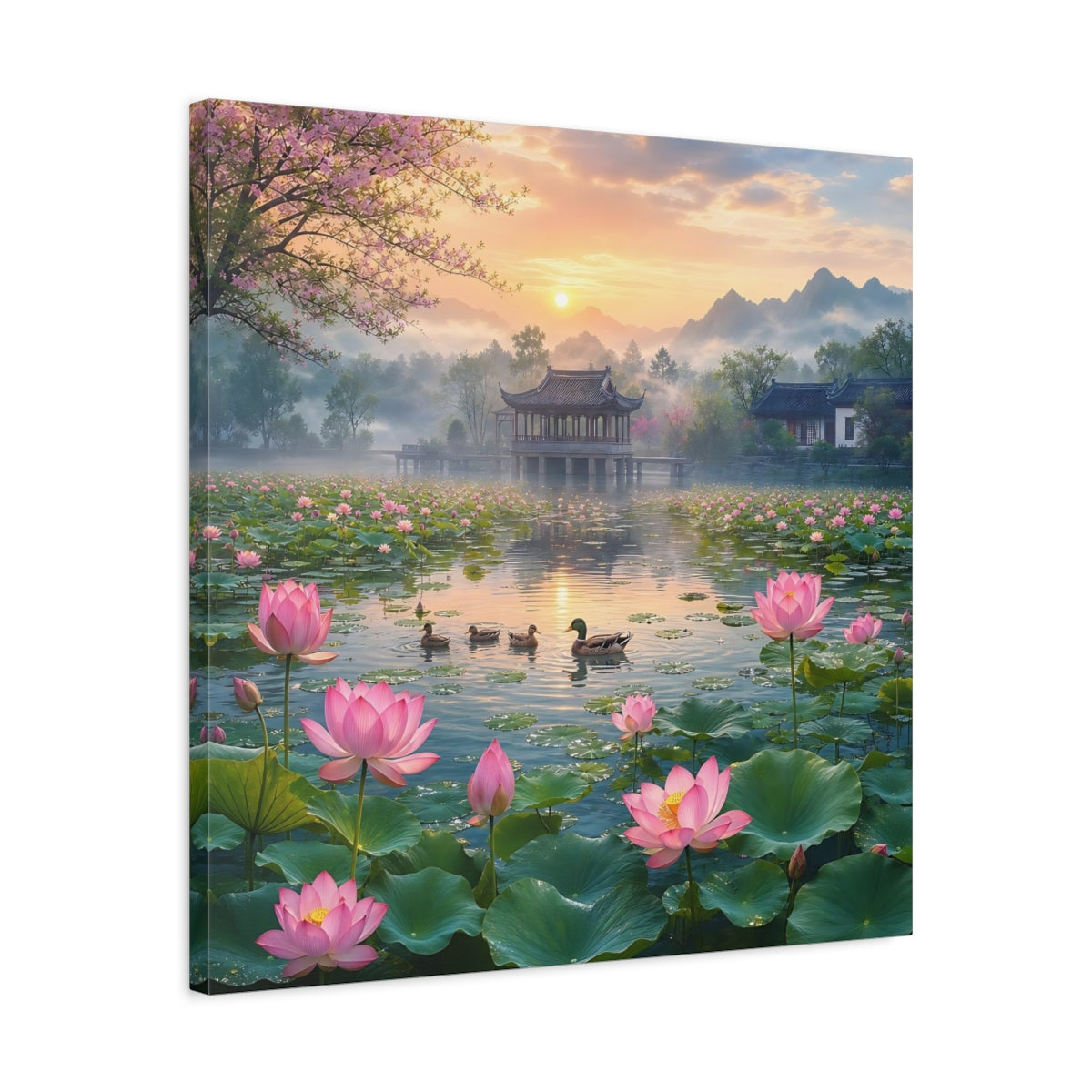Side Mockup 4. Nature Lotus Pond Pink Lotus Pond shown as stretched canvas wall art