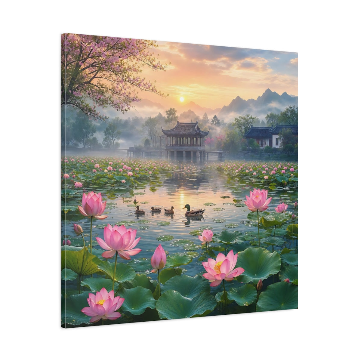 Side Mockup 1. Nature Lotus Pond Pink Lotus Pond shown as stretched canvas wall art